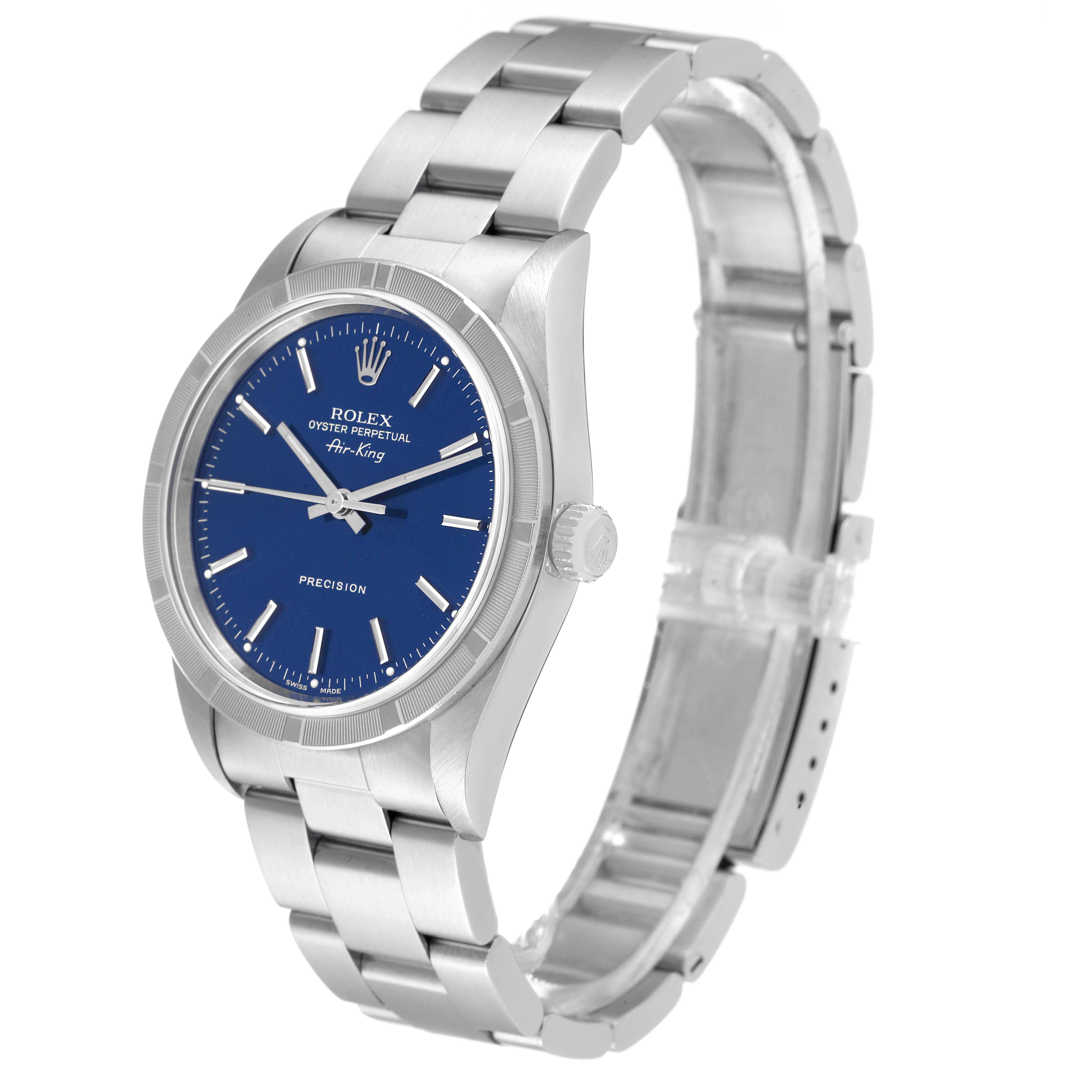 The Rolex Air-King 14010 Men's Stainless Steel Blue Dial 14010 Men's Stainless Steel Blue Dial watch is shown at an angled side view, including the dial, crown, bezel, and bracelet.