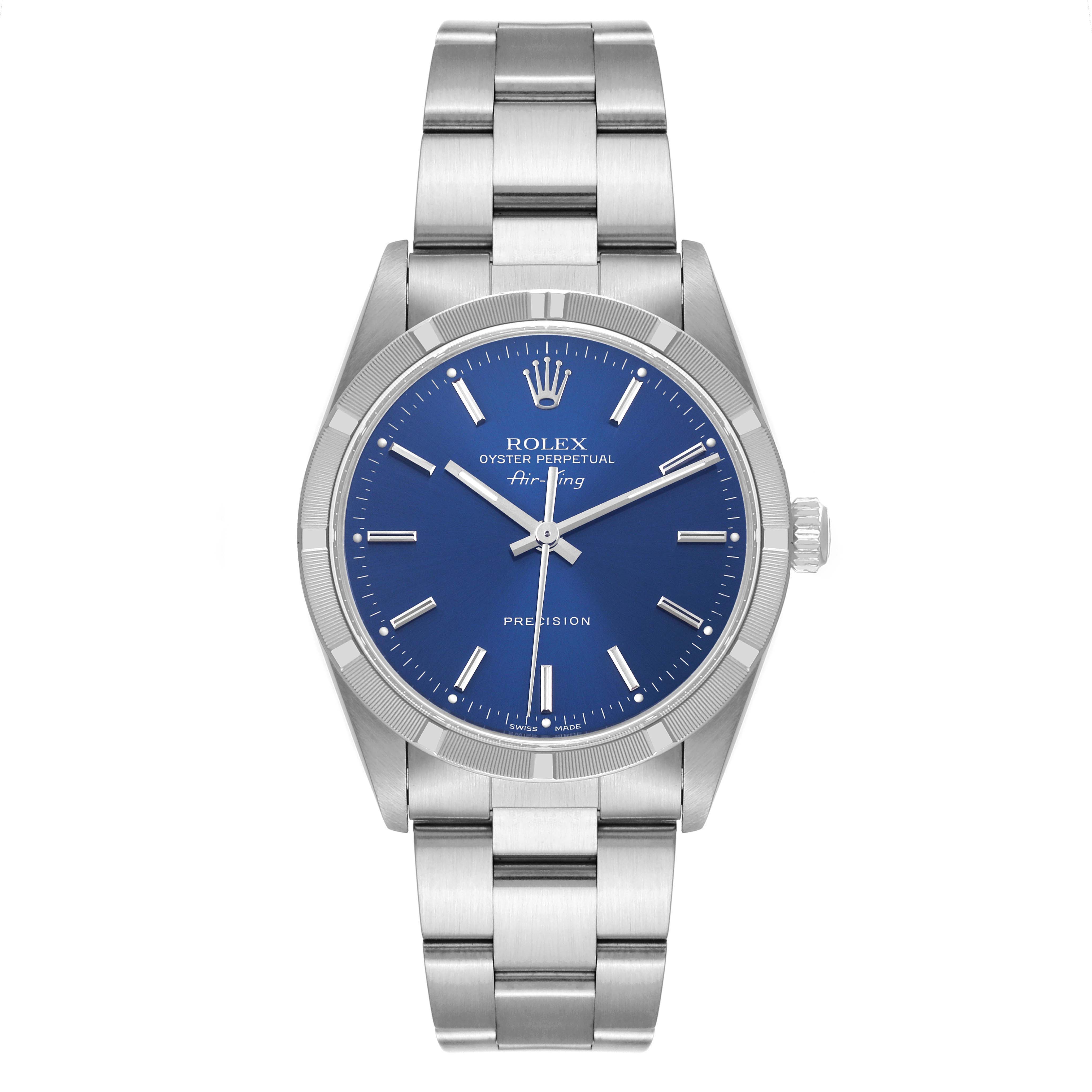The image shows a frontal view of a Rolex Air-King 14010 Men's Stainless Steel Blue Dial 14010 Men's Stainless Steel Blue Dial watch, highlighting the blue dial, stainless steel case, and bracelet.