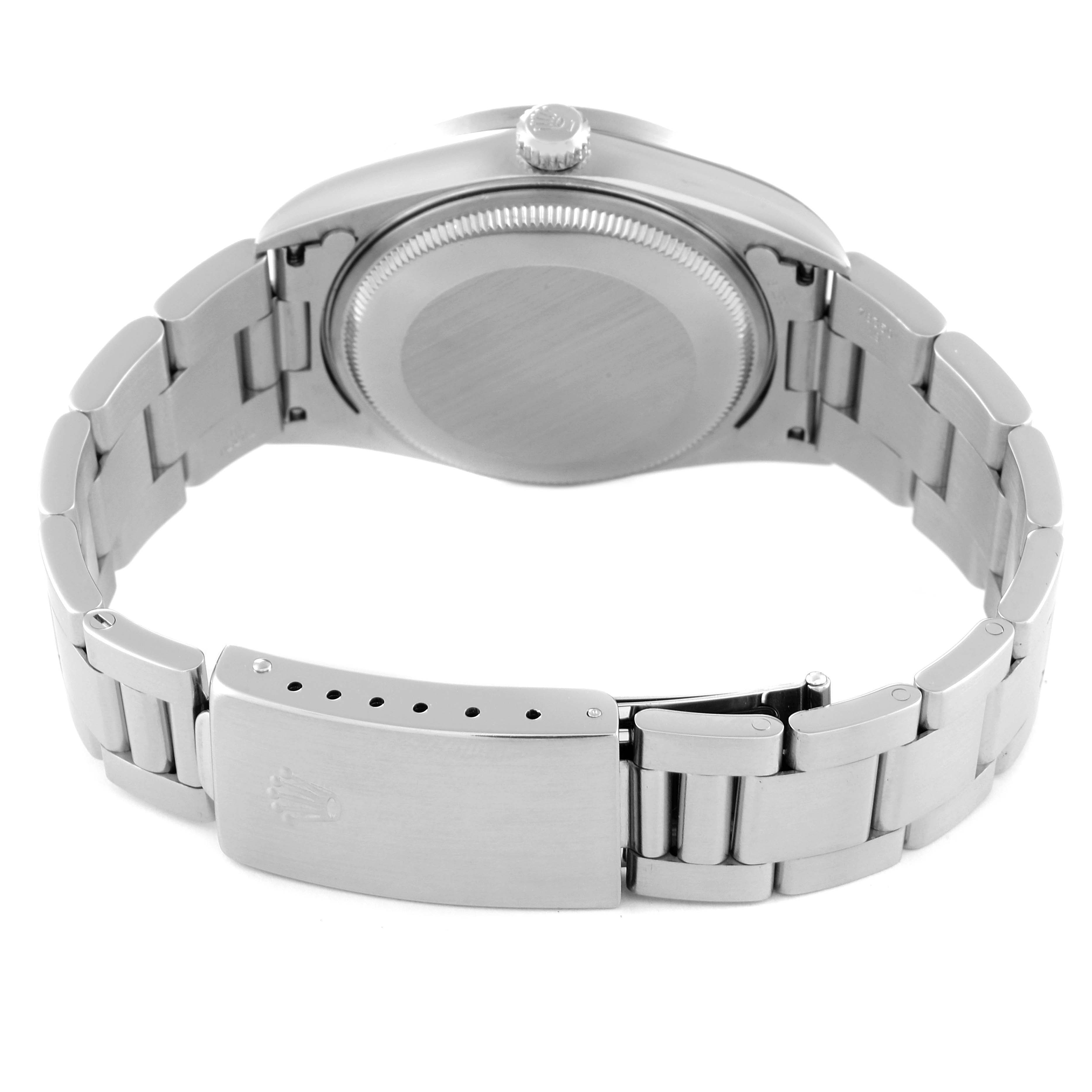 The image shows the back view of a Rolex Air-King 14010 Men's Stainless Steel Blue Dial 14010 Men's Stainless Steel Blue Dial watch, highlighting the bracelet and clasp.