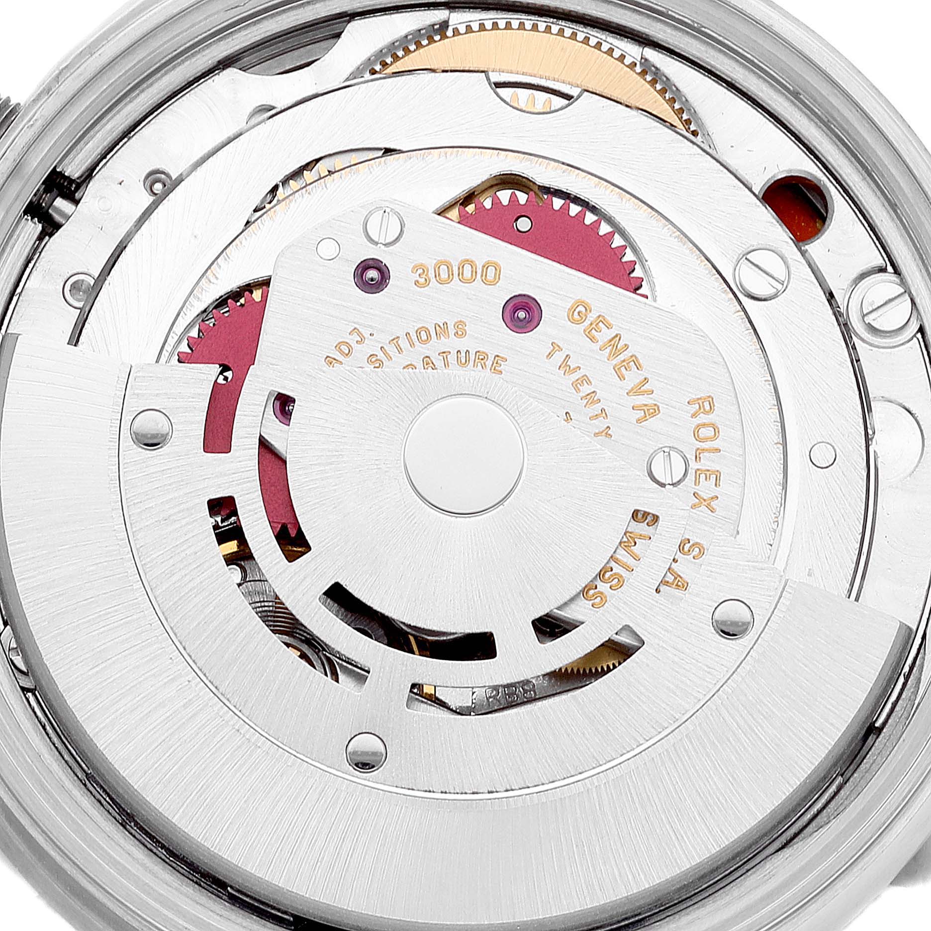 The image shows a close-up view of the internal mechanism of the Rolex Air-King 14010 Men's Stainless Steel Blue Dial 14010 Men's Stainless Steel Blue Dial watch, highlighting the movement components.