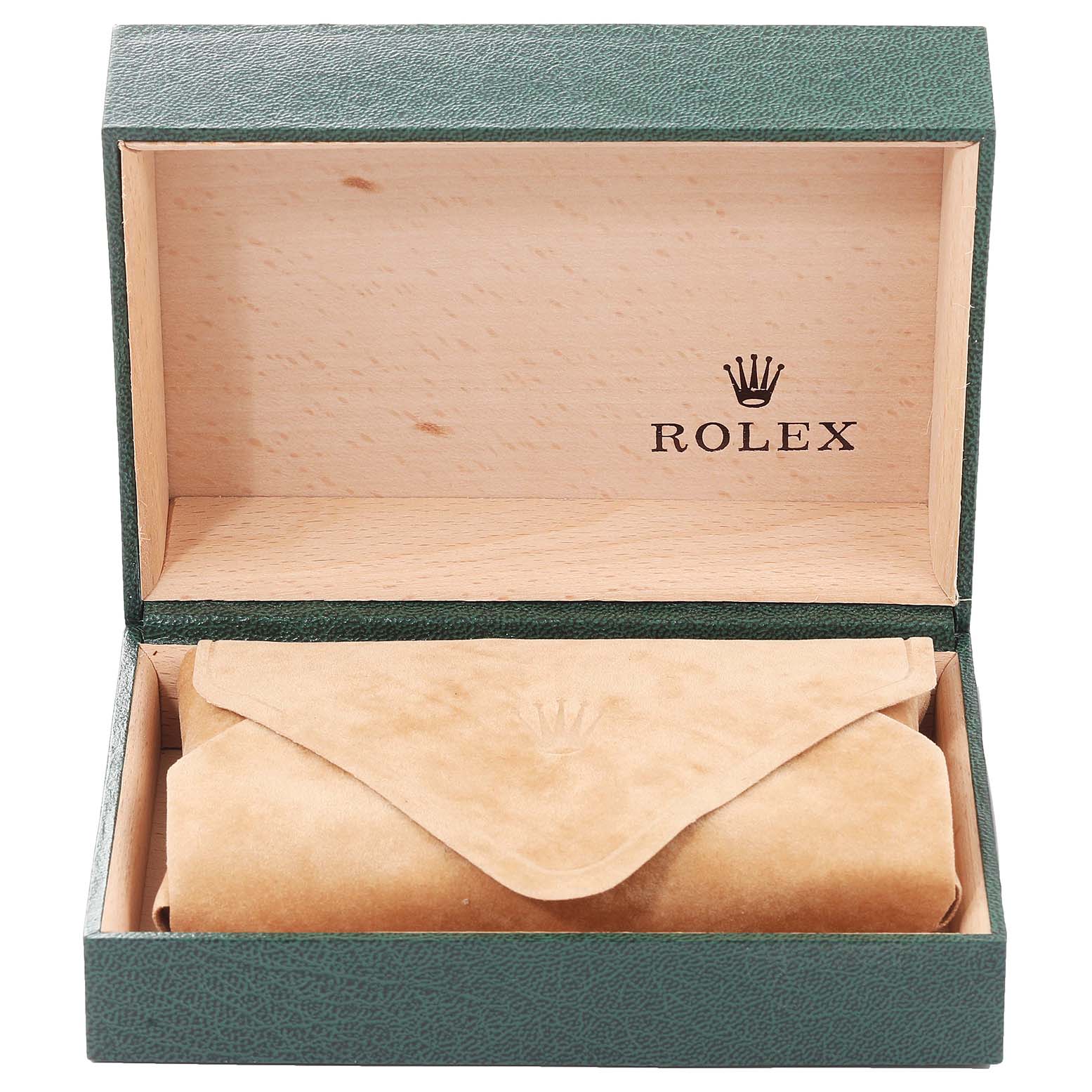 The image shows an open Rolex watch box containing a pouch, viewed from the front, for the Air-King model.