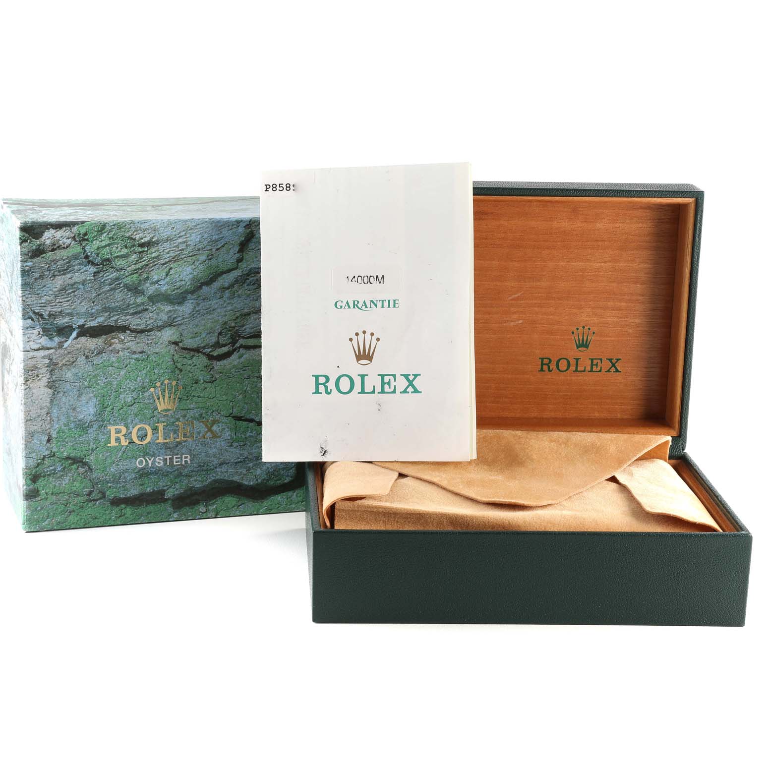 The image shows the Rolex Air-King 14000 Men's Stainless Steel Silver Dial 14000 Men's Stainless Steel Silver Dial watch box, manual, and a cushion for the watch, with a top view angle.