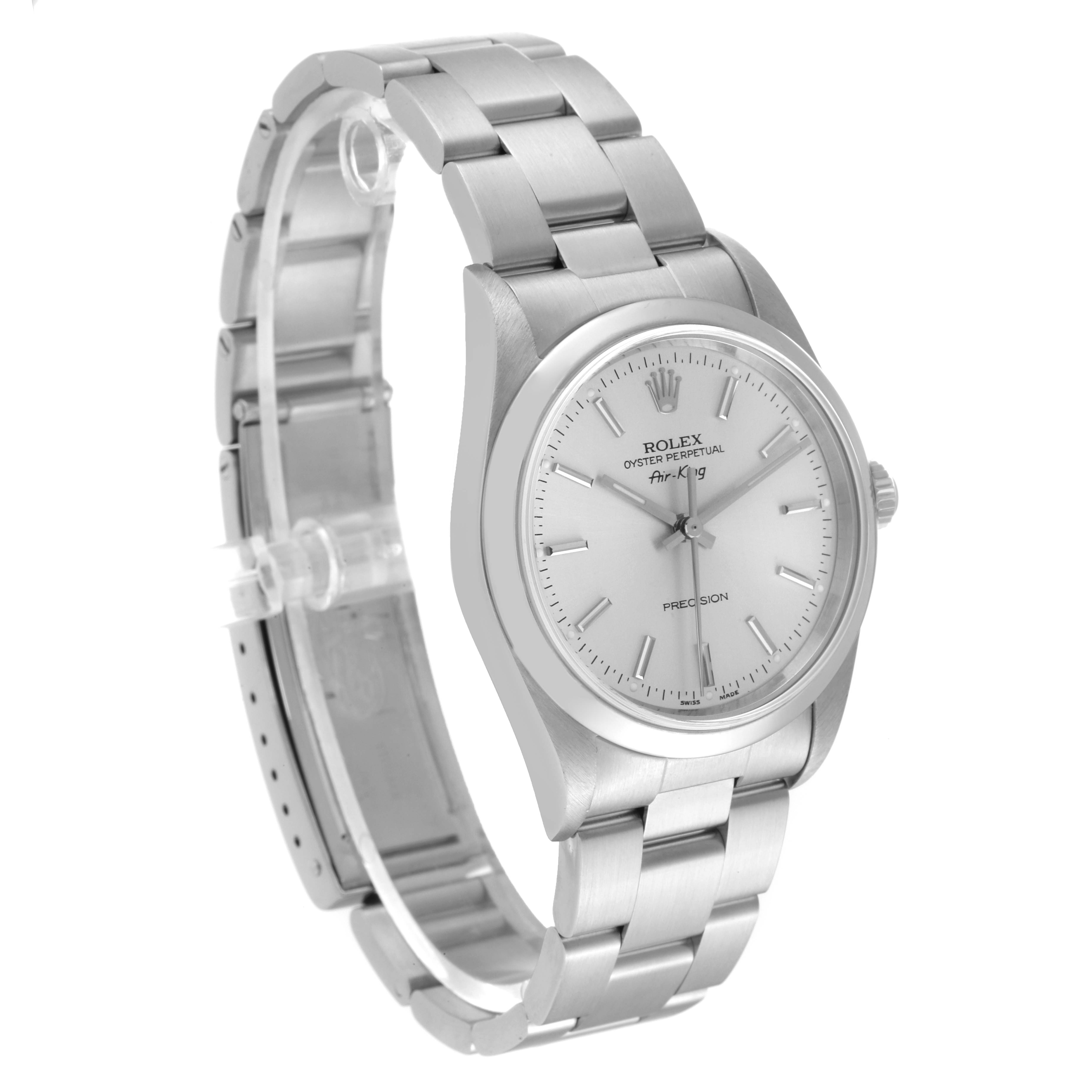 The image shows a side view of the Rolex Air-King 14000 Men's Stainless Steel Silver Dial 14000 Men's Stainless Steel Silver Dial, highlighting the dial, case, and bracelet.
