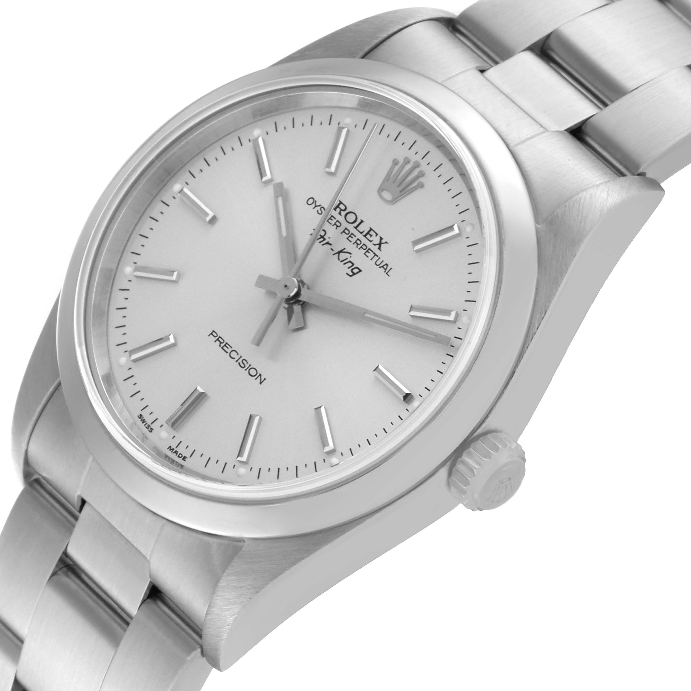 The image shows a front oblique view of the Rolex Air-King 14000 Men's Stainless Steel Silver Dial 14000 Men's Stainless Steel Silver Dial watch, featuring its face, dial, crown, and part of the stainless steel band.