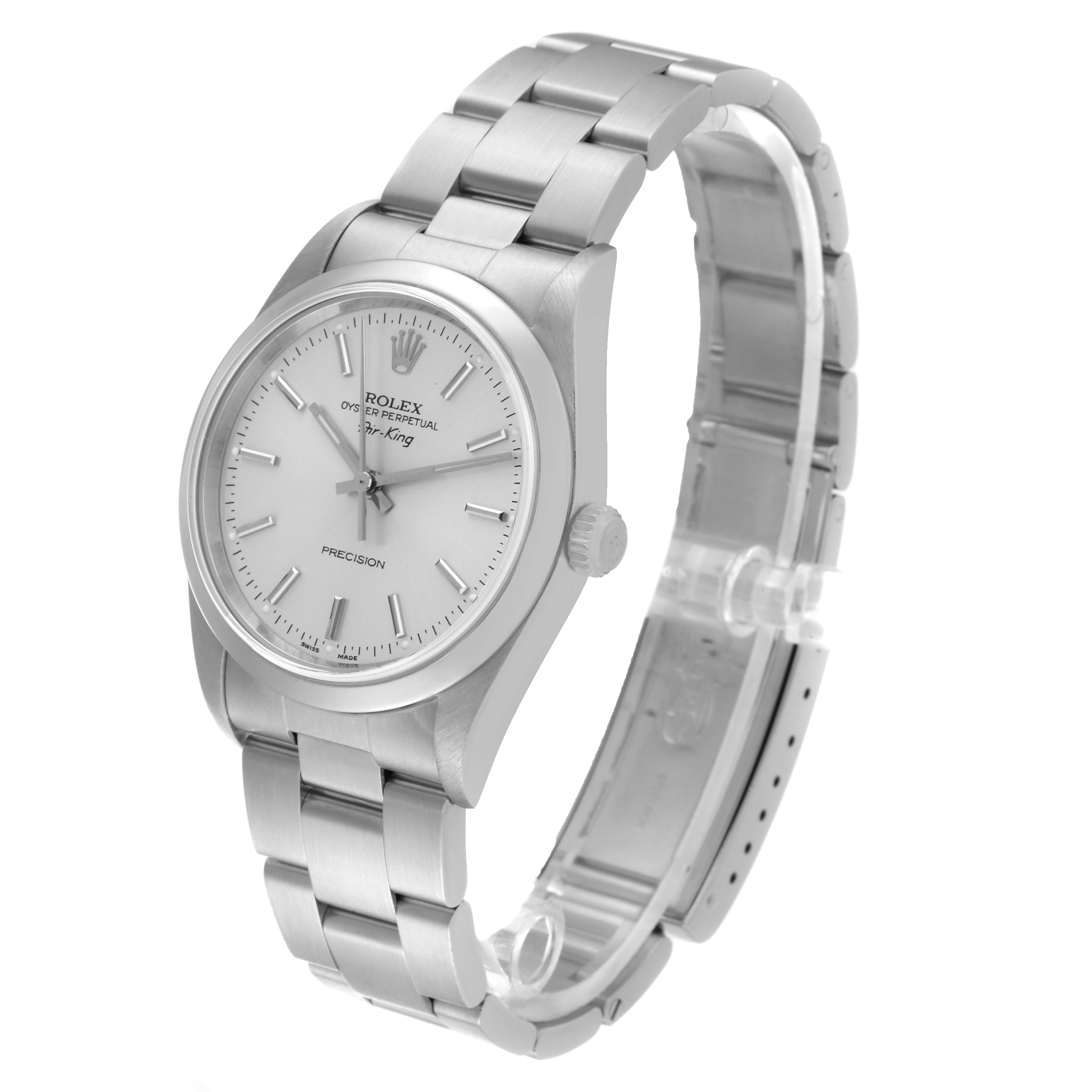 The photo shows a Rolex Air-King 14000 Men's Stainless Steel Silver Dial 14000 Men's Stainless Steel Silver Dial watch from a three-quarter angle, highlighting the dial, case, crown, and bracelet.
