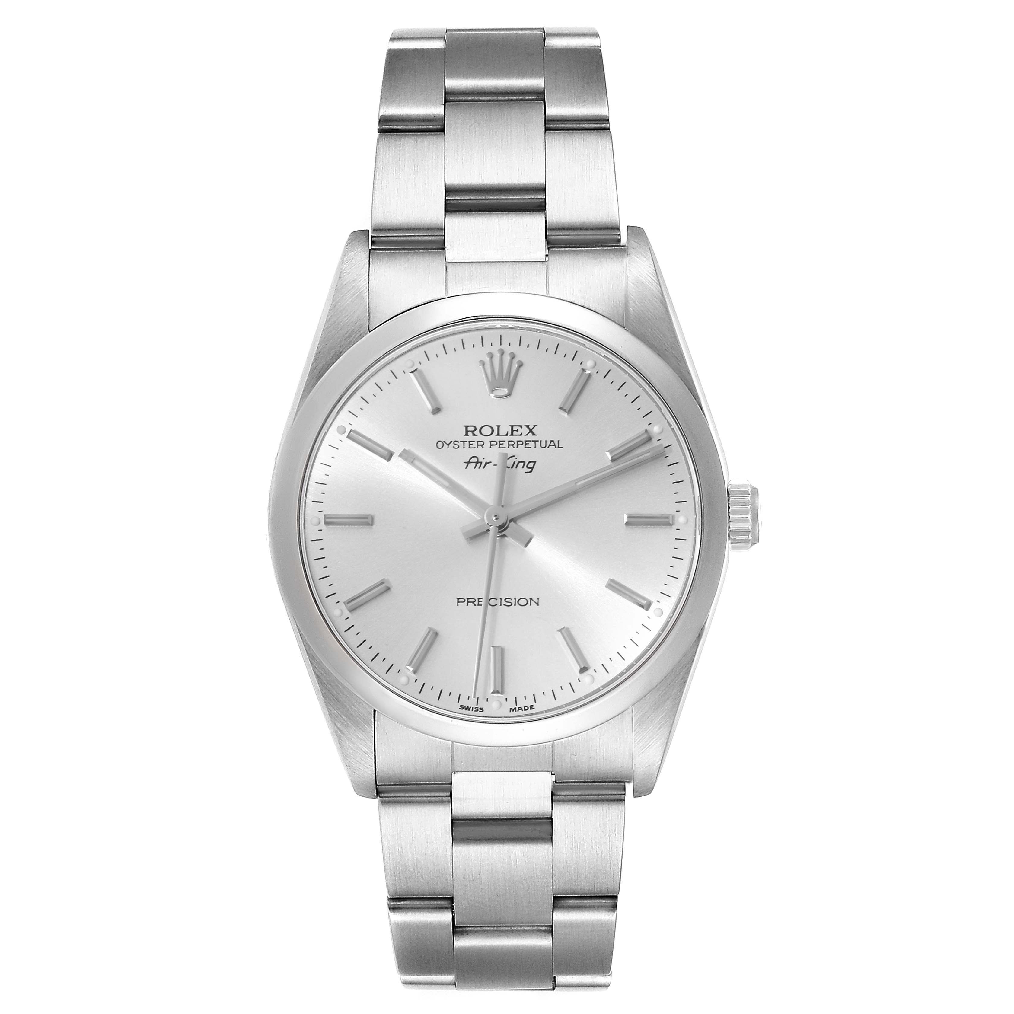 The Rolex Air-King 14000 Men's Stainless Steel Silver Dial 14000 Men's Stainless Steel Silver Dial watch model is shown in a front view, displaying the face, dial, hands, and stainless steel bracelet.