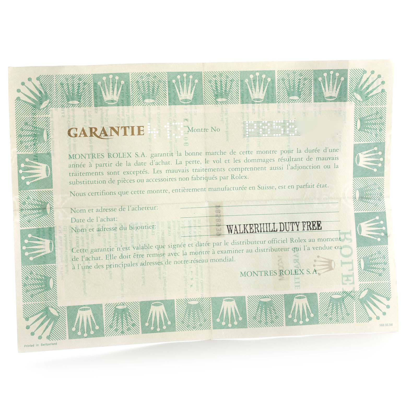 This image shows the warranty certificate for the Rolex Air-King 14000 Men's Stainless Steel Silver Dial 14000 Men's Stainless Steel Silver Dial watch.