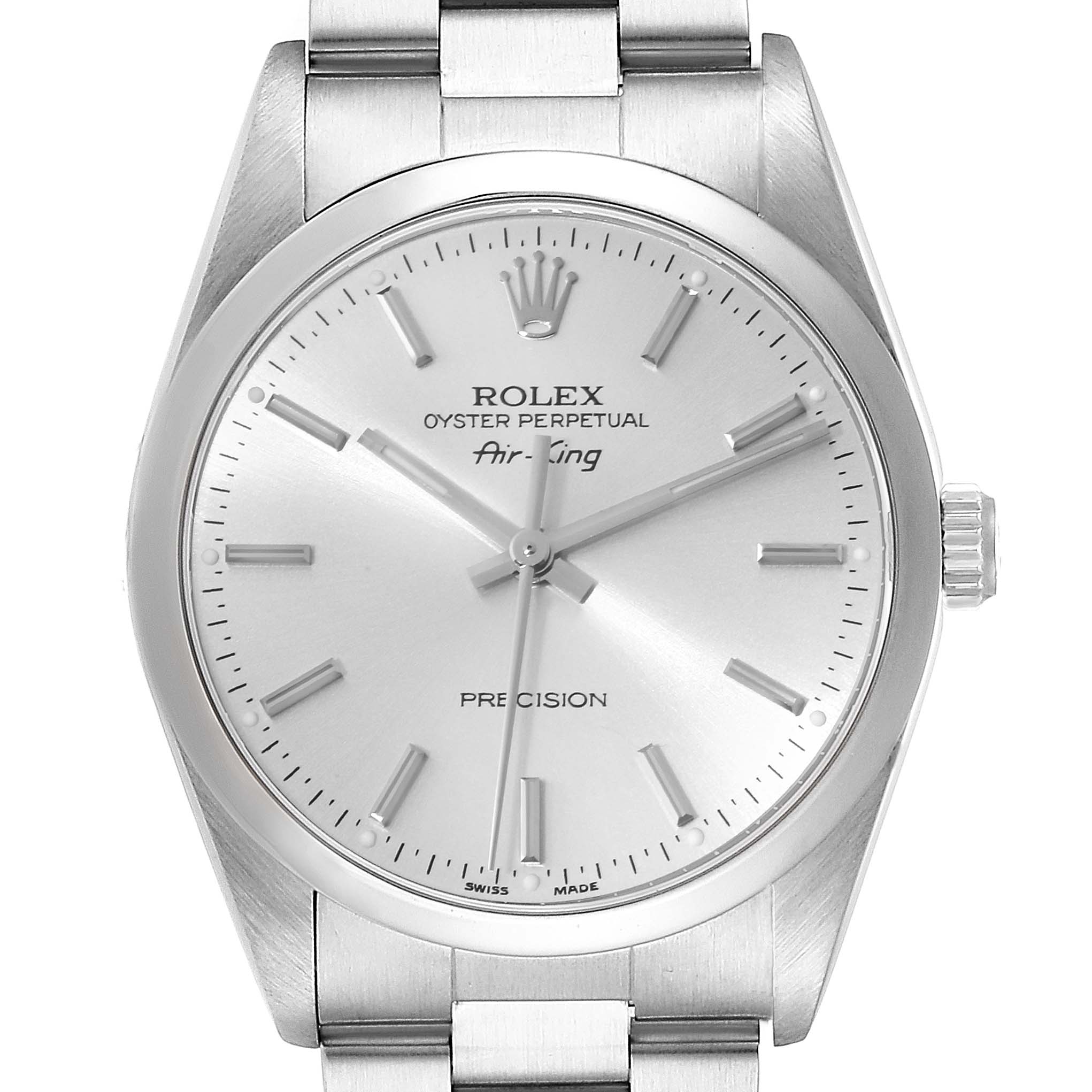 The image shows a frontal view of the Rolex Air-King 14000 Men's Stainless Steel Silver Dial 14000 Men's Stainless Steel Silver Dial watch, displaying its face, hands, crown, and part of the bracelet.