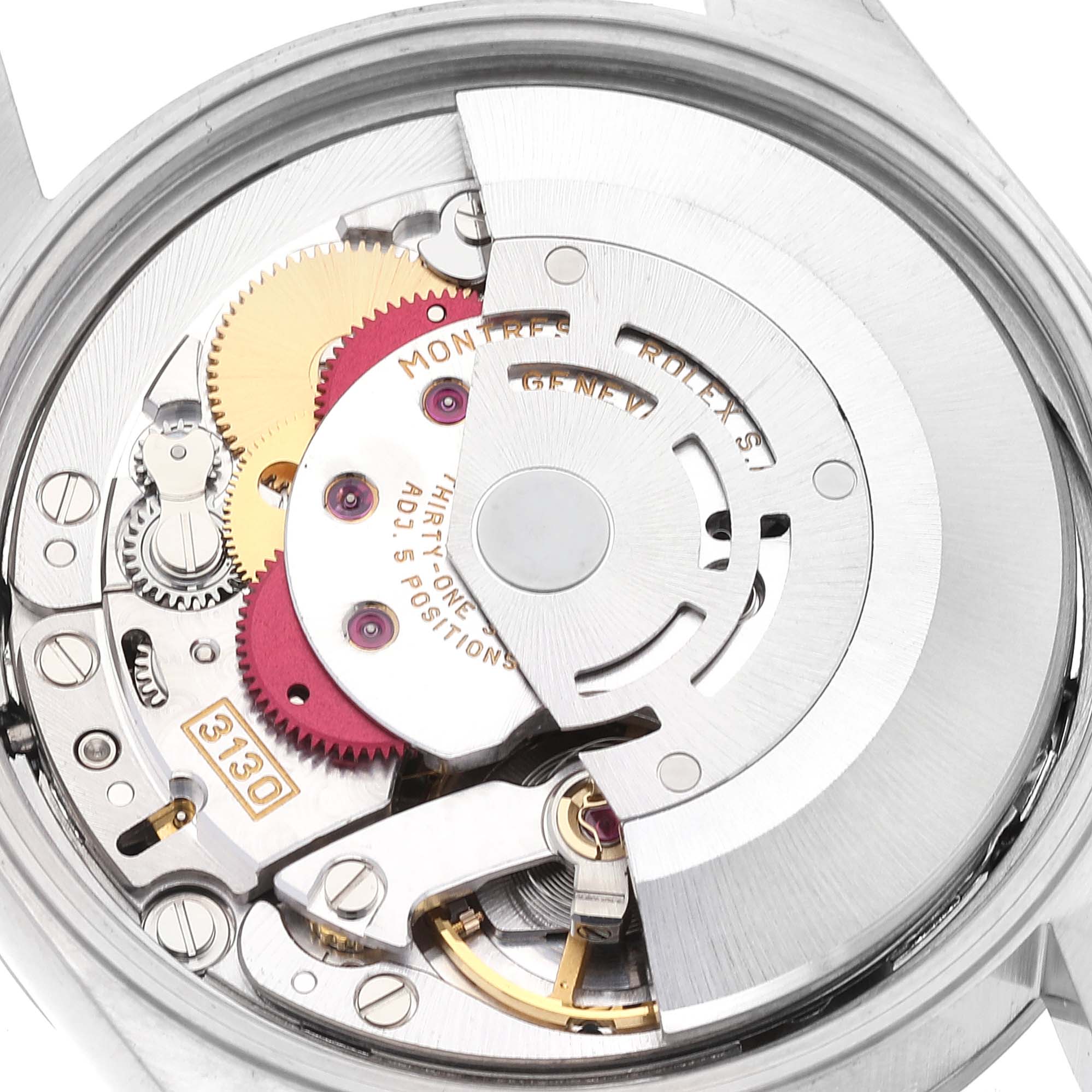 The image shows the detailed inner mechanism and movement from the back side of a Rolex Air-King 14000 Men's Stainless Steel Silver Dial 14000 Men's Stainless Steel Silver Dial watch.