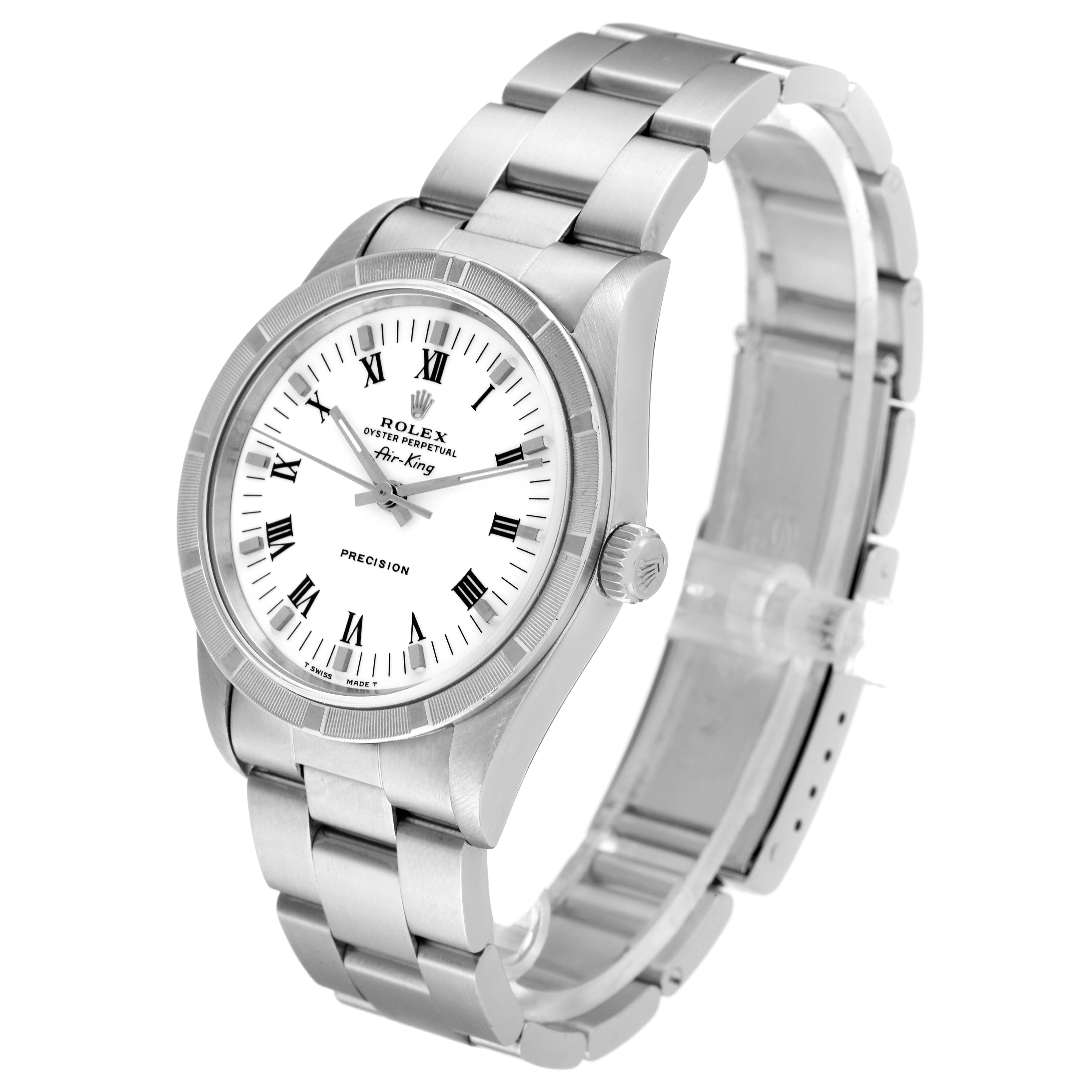 The image shows a Rolex Air-King 14010 Men's Stainless Steel White Dial 14010 Men's Stainless Steel White Dial watch at a three-quarter angle, highlighting the face, bracelet, and crown.