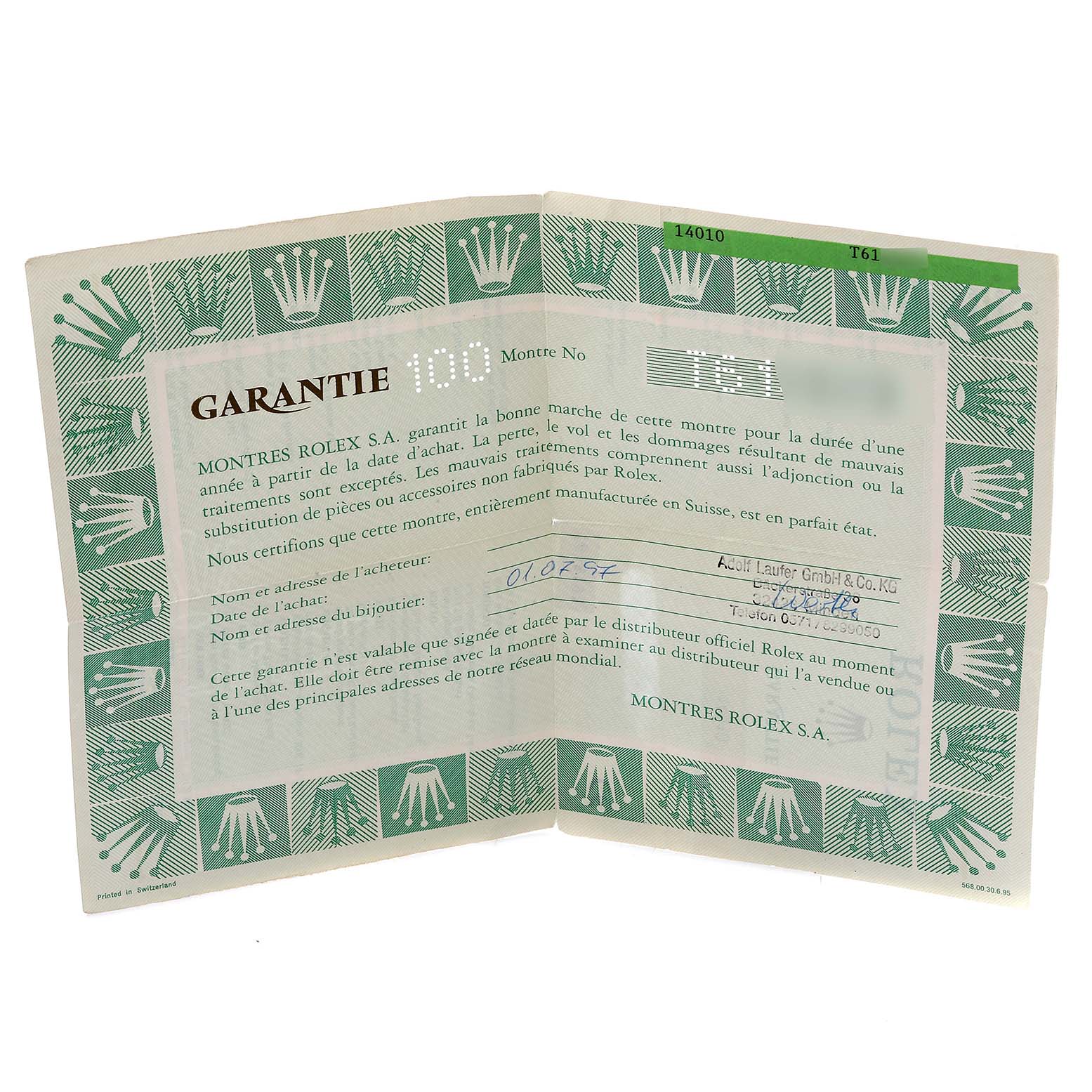 This image shows a warranty certificate for the Rolex Air-King 14010 Men's Stainless Steel White Dial 14010 Men's Stainless Steel White Dial watch, displaying the guarantee and purchase details.