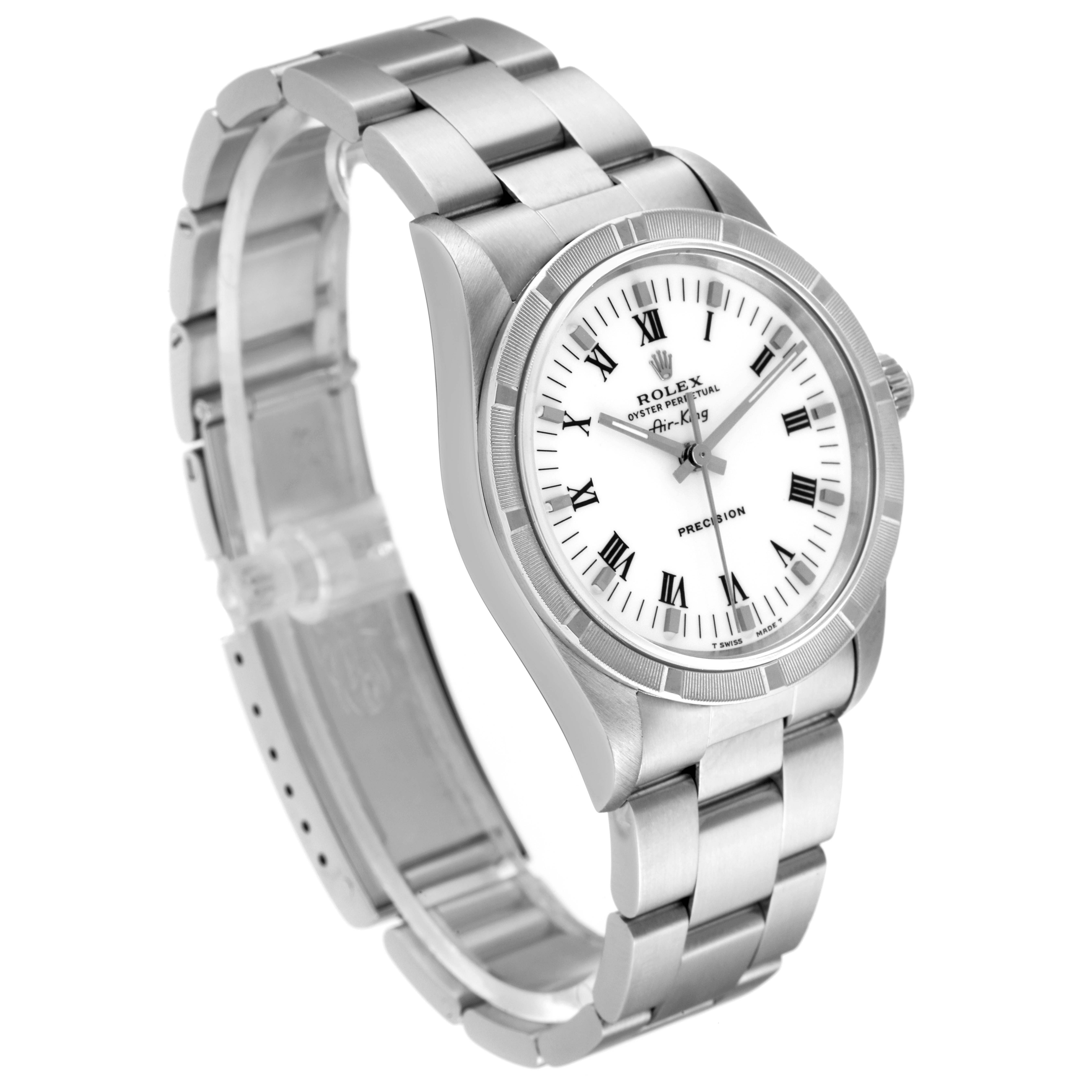The Rolex Air-King 14010 Men's Stainless Steel White Dial 14010 Men's Stainless Steel White Dial watch is shown at an angled side view, highlighting its bracelet, bezel, dial, and Roman numeral markers.