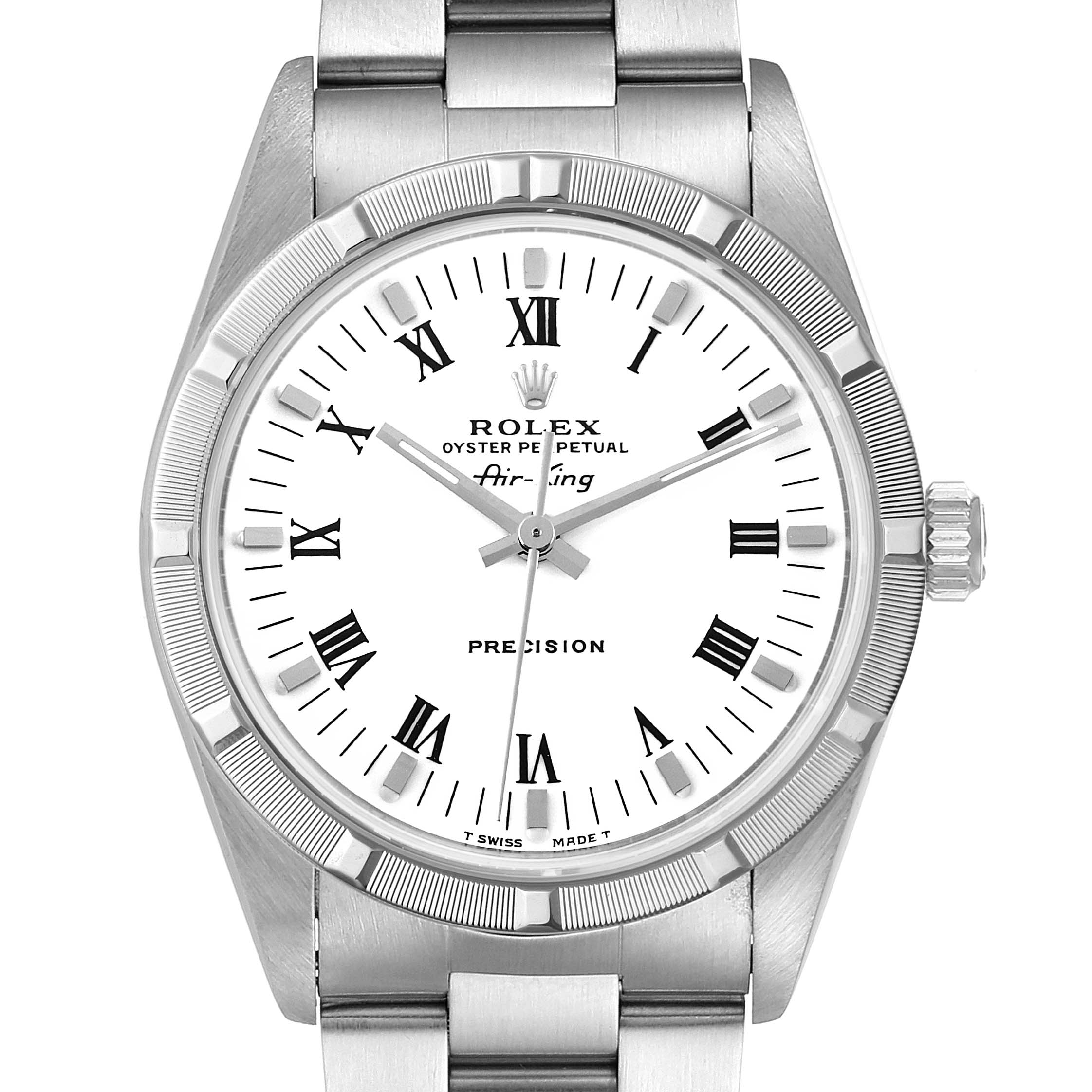 This image shows a front view of a Rolex Air-King 14010 Men's Stainless Steel White Dial 14010 Men's Stainless Steel White Dial watch, highlighting its face, dial, and part of its metal bracelet.