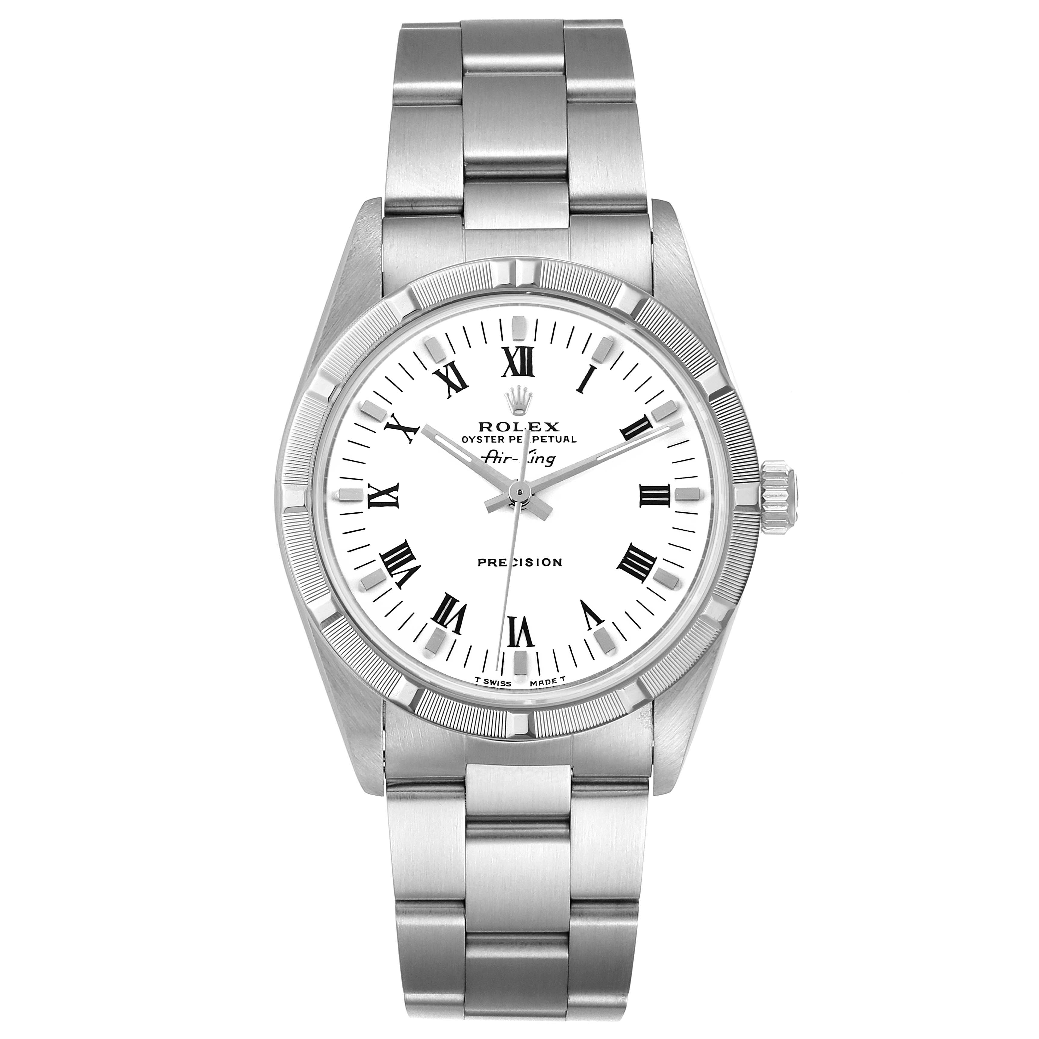 The image shows a front view of a Rolex Air-King 14010 Men's Stainless Steel White Dial 14010 Men's Stainless Steel White Dial watch, displaying the dial, bezel, bracelet, and crown.