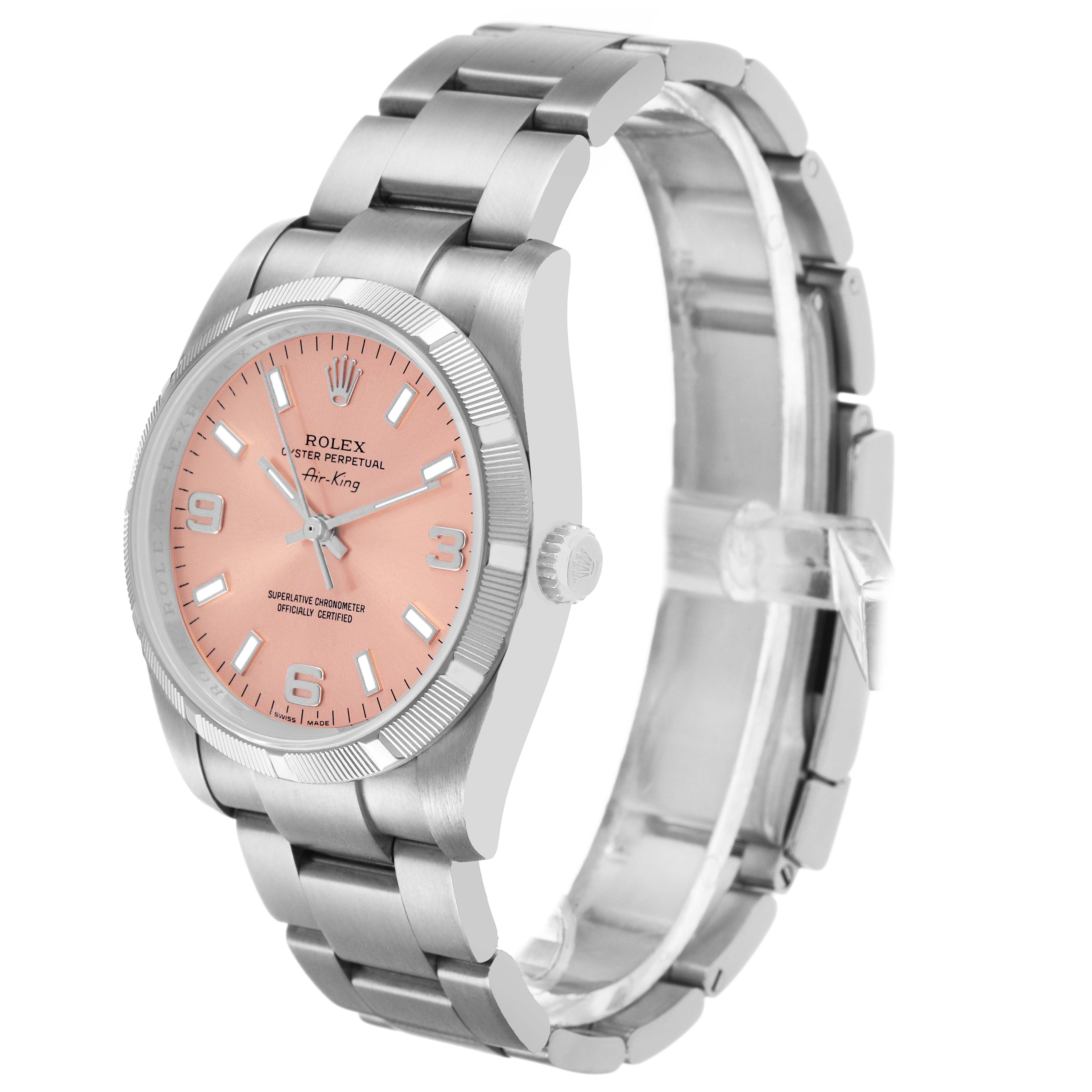 The Rolex Air-King 114210 Men's Stainless Steel Pink Dial watch is shown at a three-quarter angle, displaying its face, case, and metal bracelet.