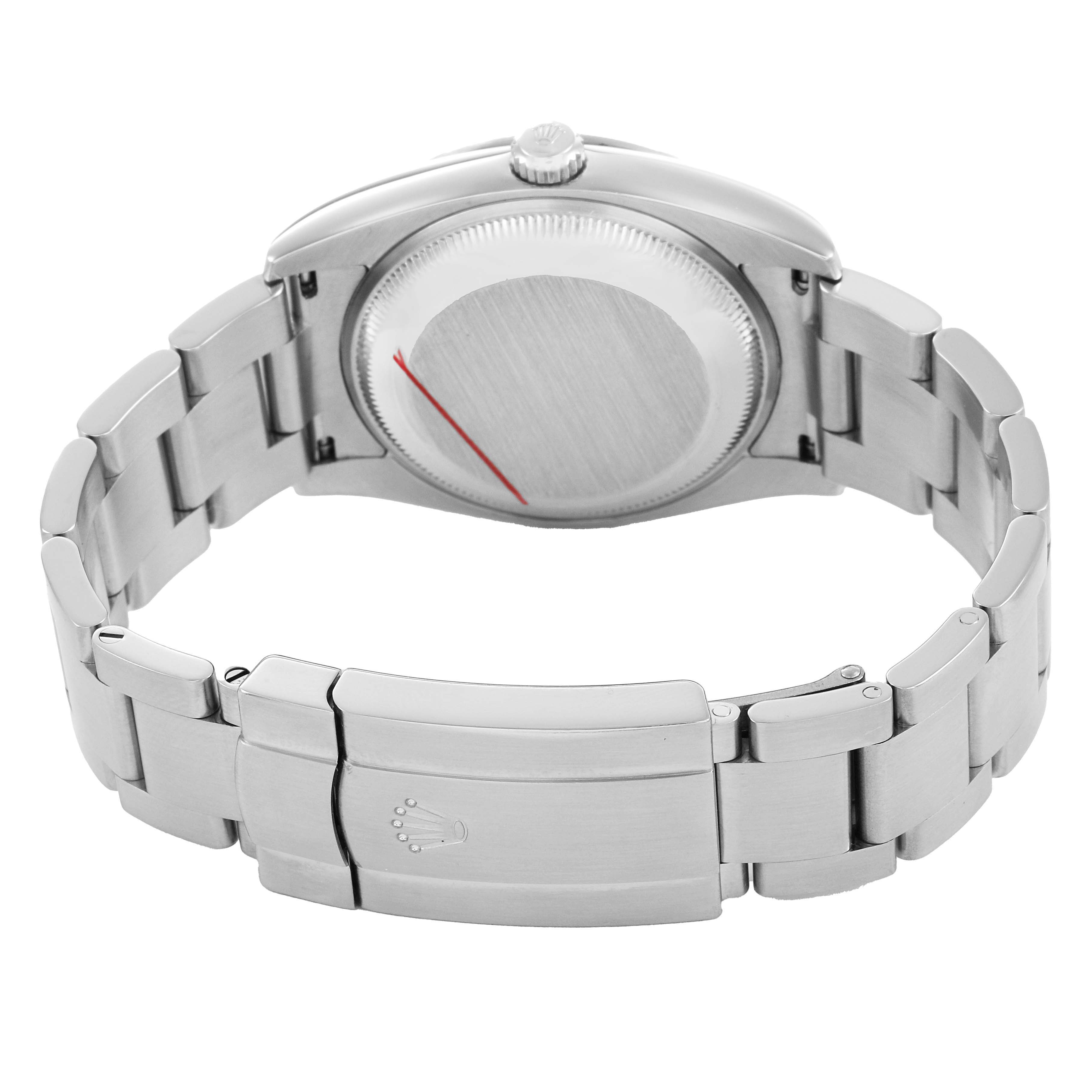 The image shows the back case and bracelet clasp of a Rolex Air-King 114210 Men's Stainless Steel Pink Dial watch, viewed from behind.