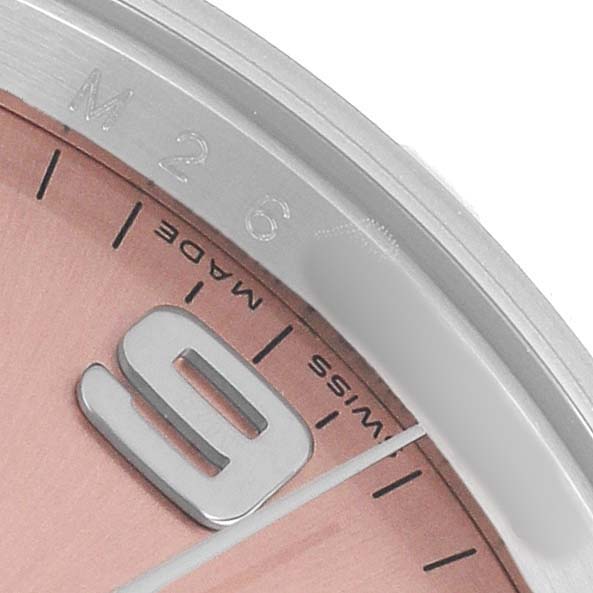 The image shows a close-up of the Rolex Air-King 114210 Men's Stainless Steel Pink Dial dial edge, focusing on the numerals and bezel.