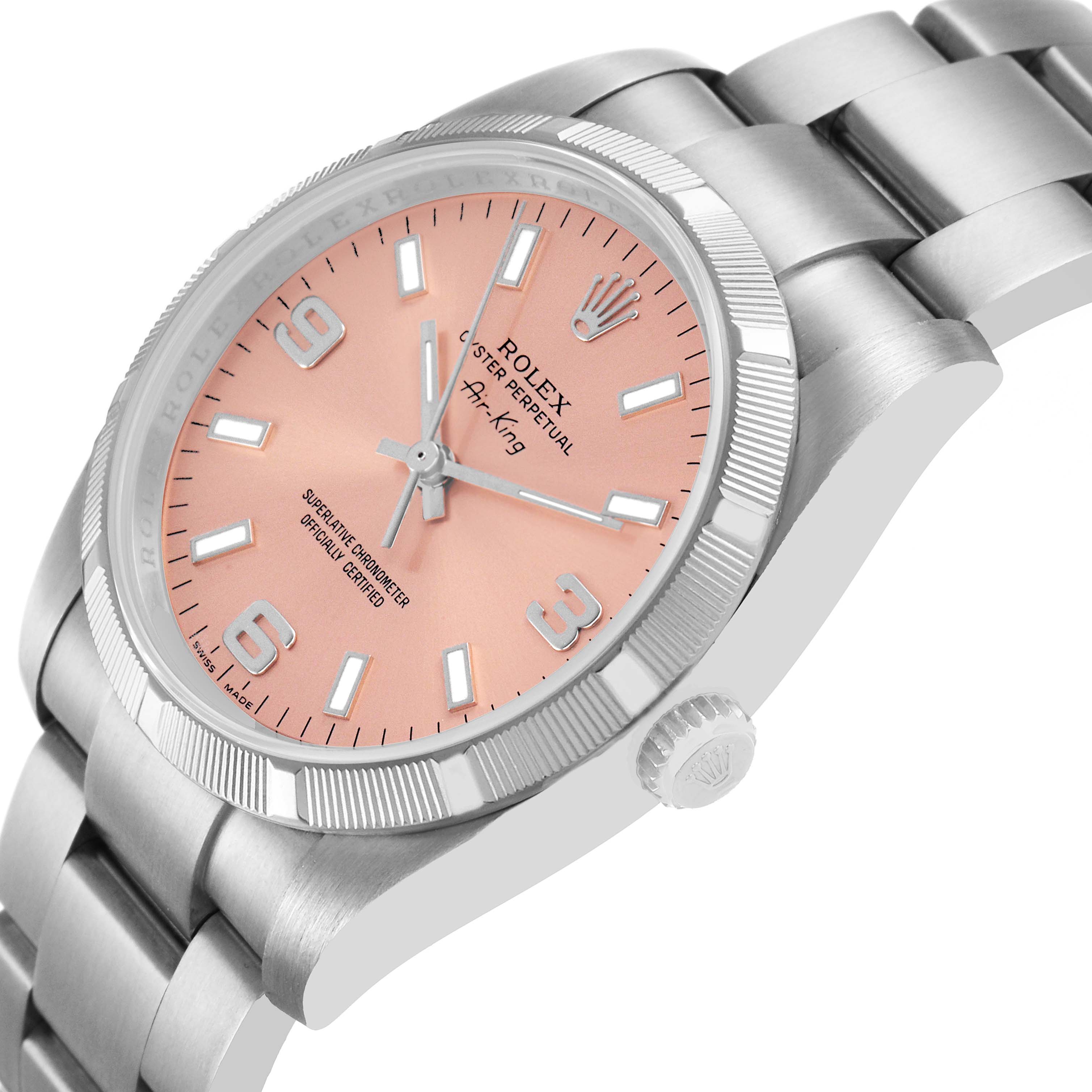 The Rolex Air-King 114210 Men's Stainless Steel Pink Dial watch is shown at a slight angle, highlighting the pink dial, bezel, crown, and part of the bracelet.
