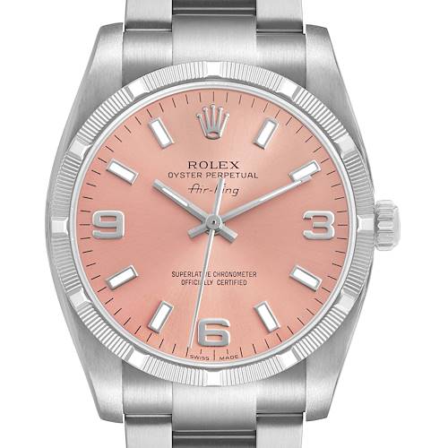 The Rolex Air-King 114210 Men's Stainless Steel Pink Dial watch is shown from a front angle, highlighting the dial, bezel, hands, and part of the bracelet.
