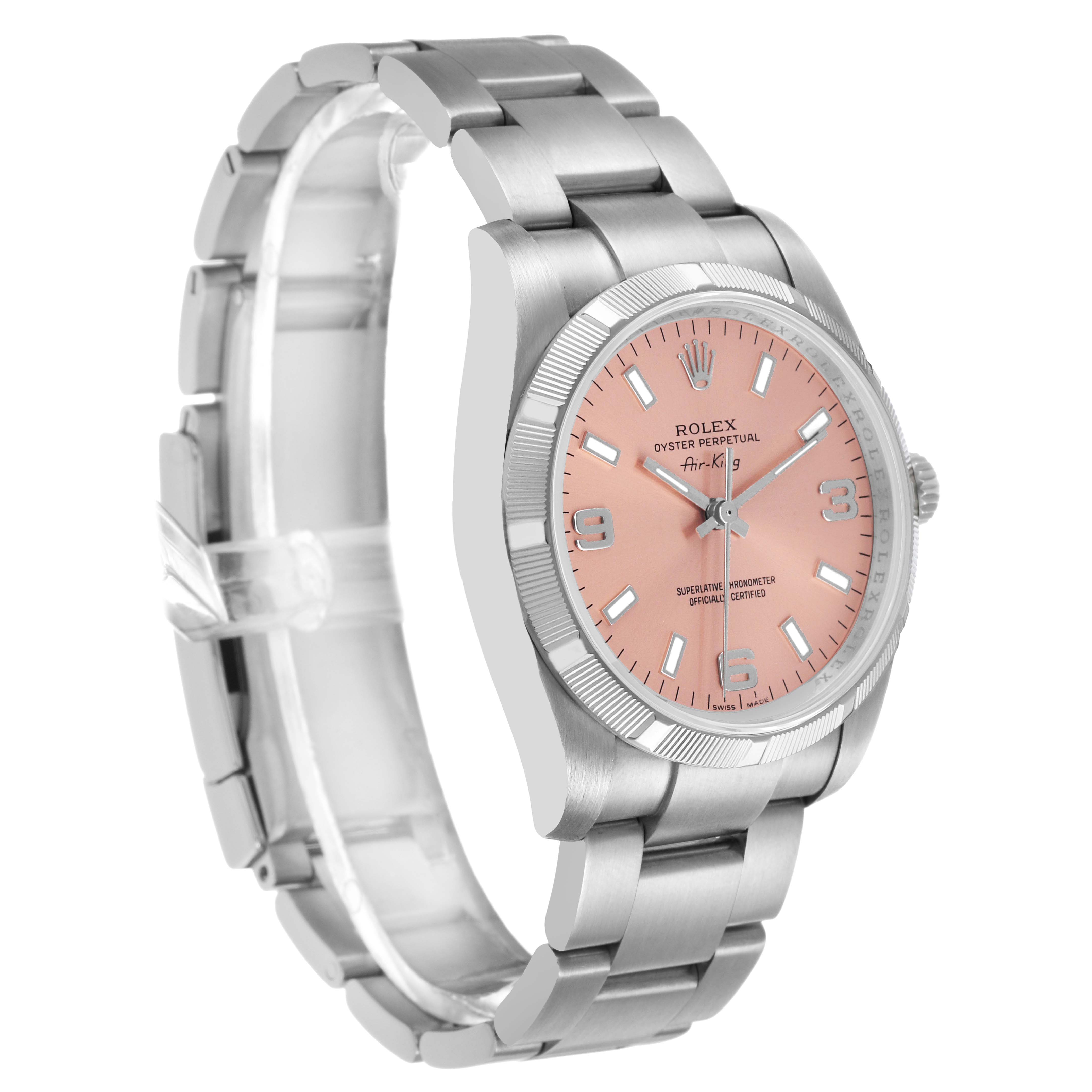 The Rolex Air-King 114210 Men's Stainless Steel Pink Dial watch is shown at a three-quarter angle, highlighting its pink dial, bezel, and part of the bracelet.