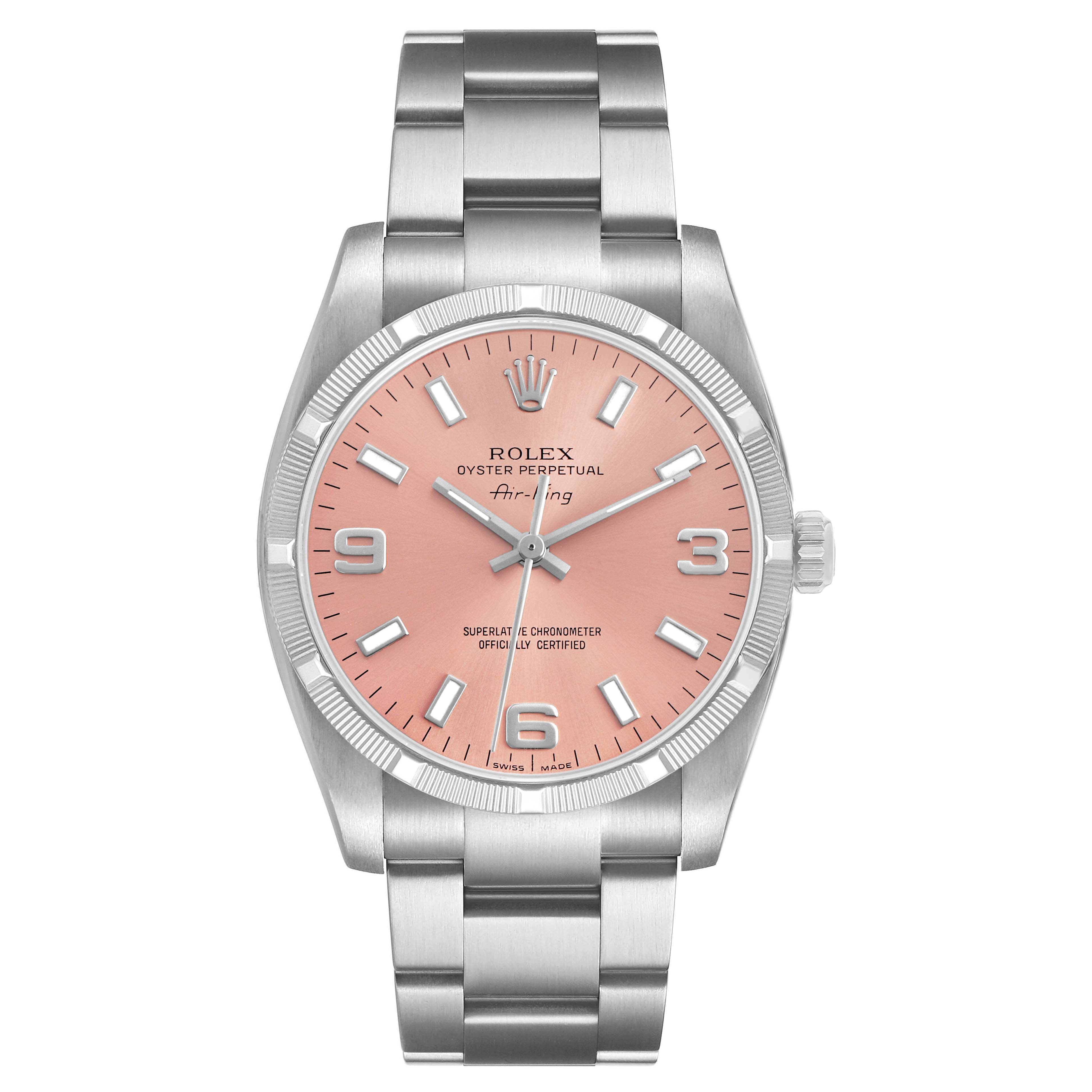 The Rolex Air-King 114210 Men's Stainless Steel Pink Dial watch is shown from the front, displaying its pink dial and metal bracelet.