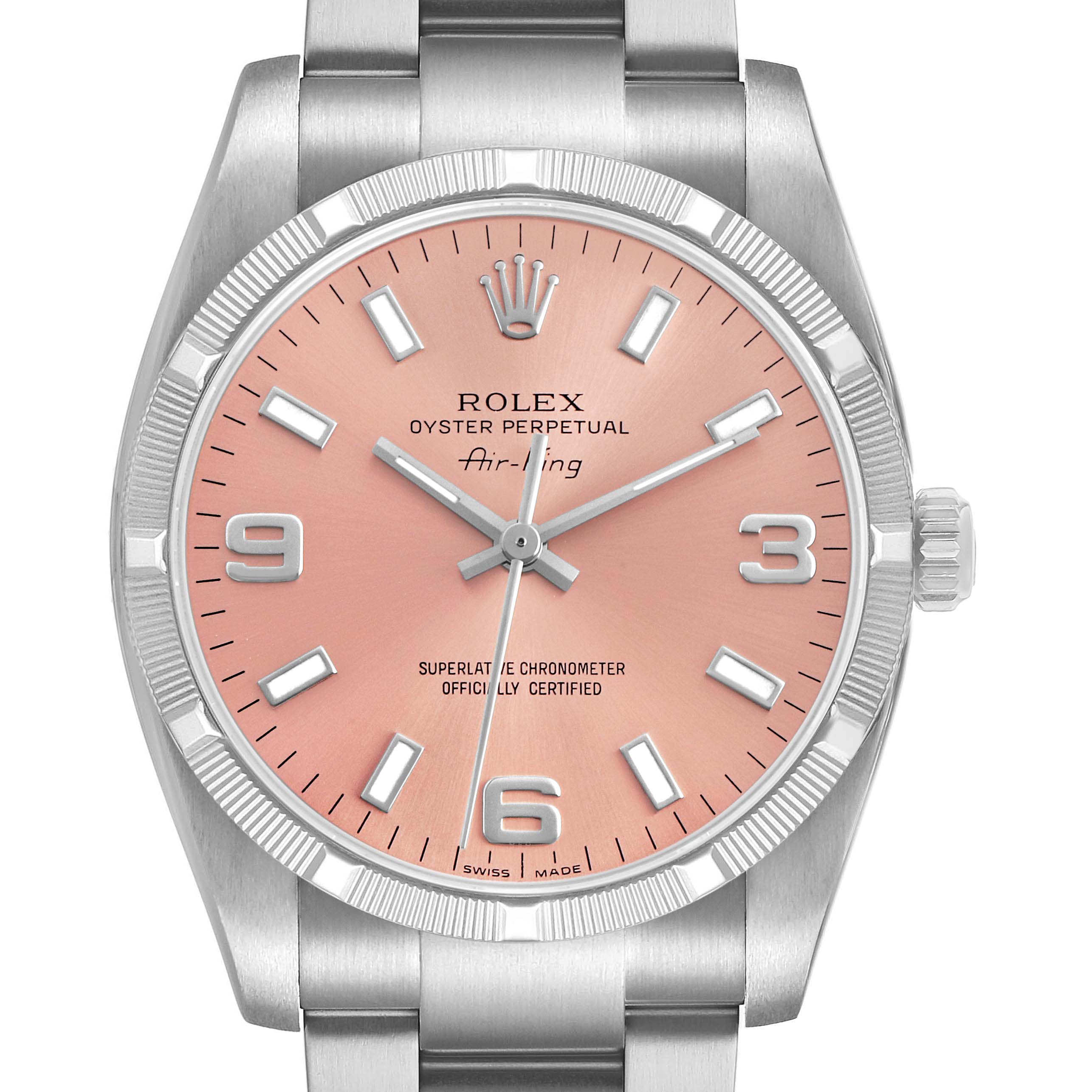 The Rolex Air-King 114210 Men's Stainless Steel Pink Dial watch is shown from the front, highlighting the pink dial, silver markers, hands, bezel, crown, and bracelet.