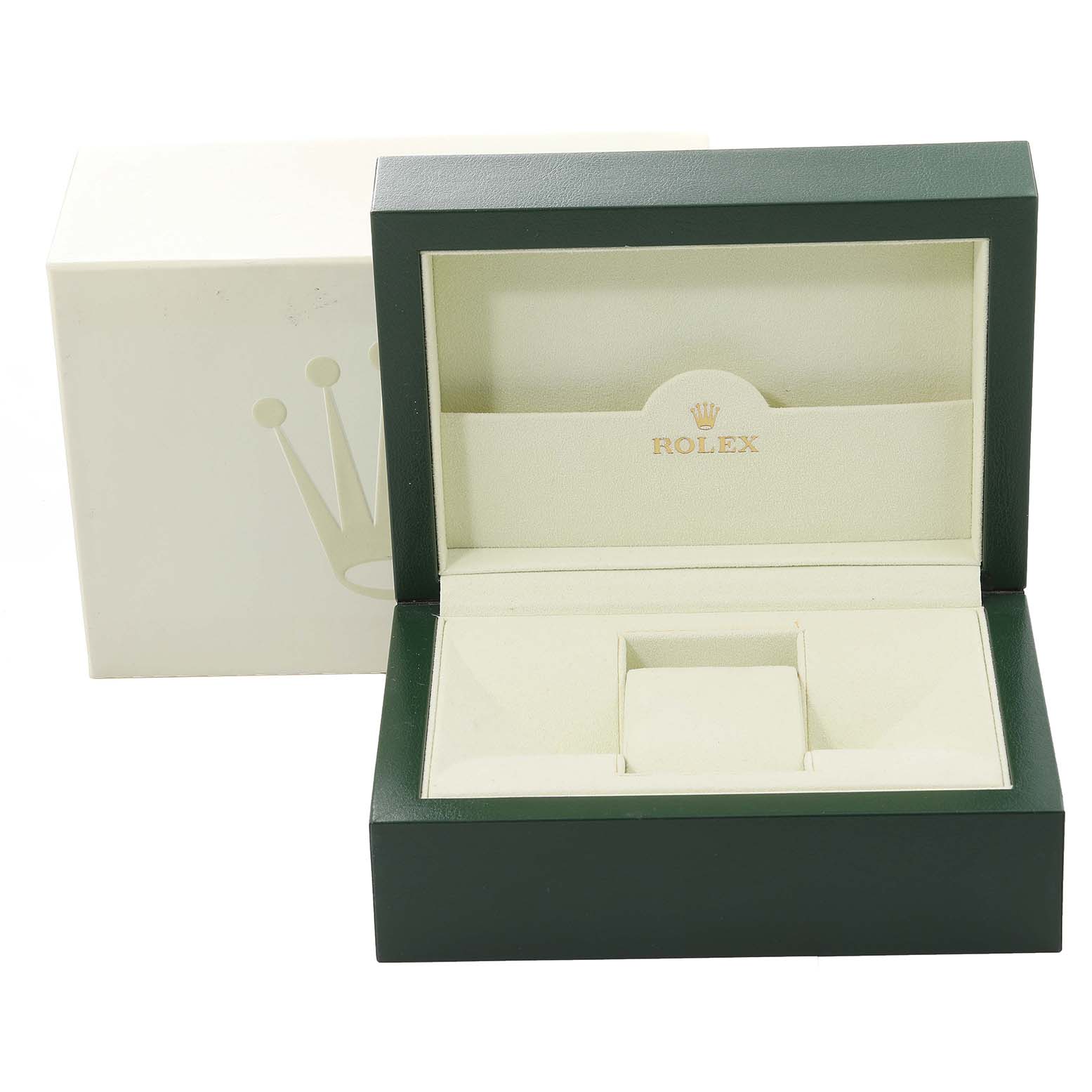 The image shows an open Rolex Cellini 4243 Men's White Gold Black Dial 4243 Men's White Gold Black Dial watch box with a cushion, displaying the brand's logo inside the lid.
