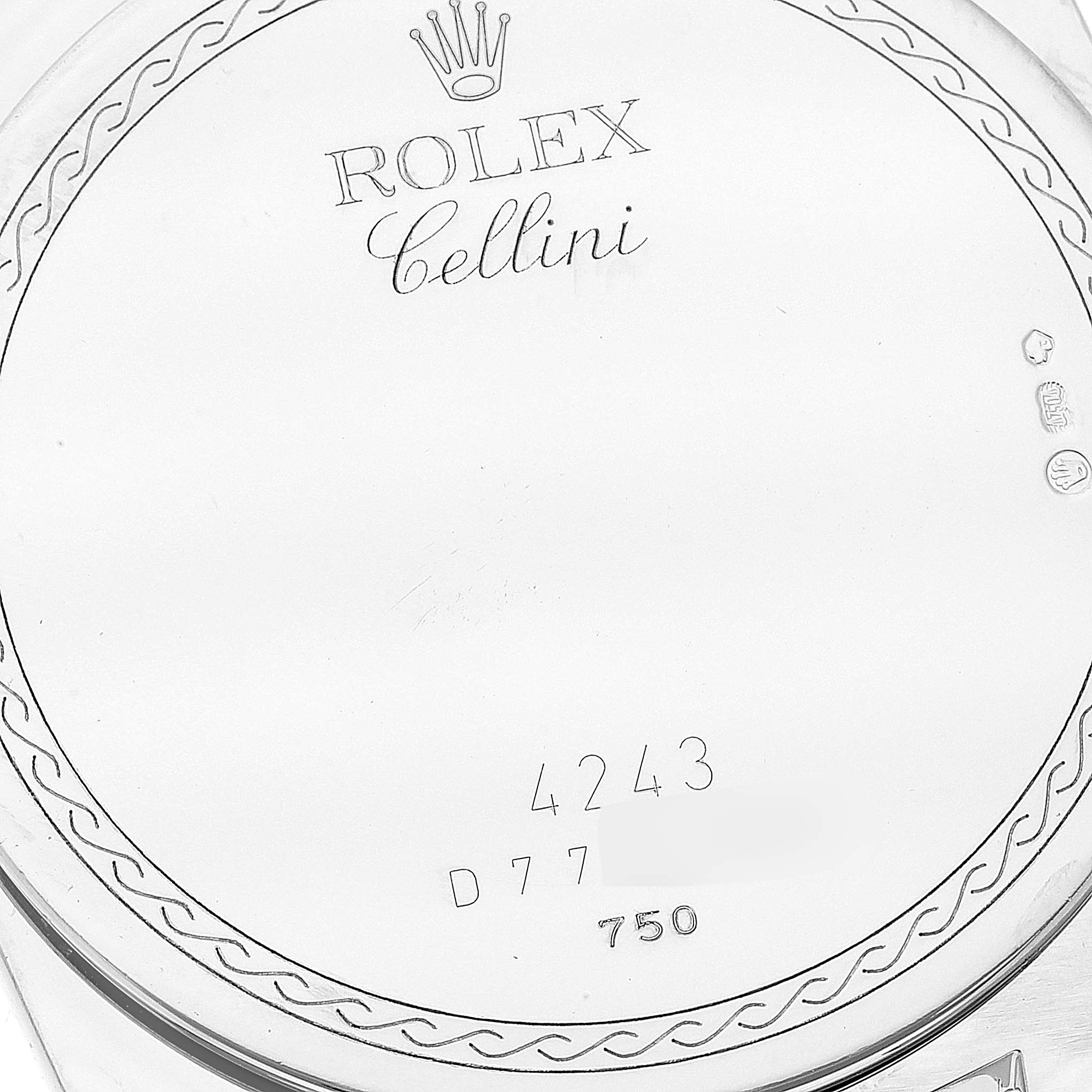 The image shows the back case of a Rolex Cellini 4243 Men's White Gold Black Dial 4243 Men's White Gold Black Dial watch, featuring the brand's logo and model details.