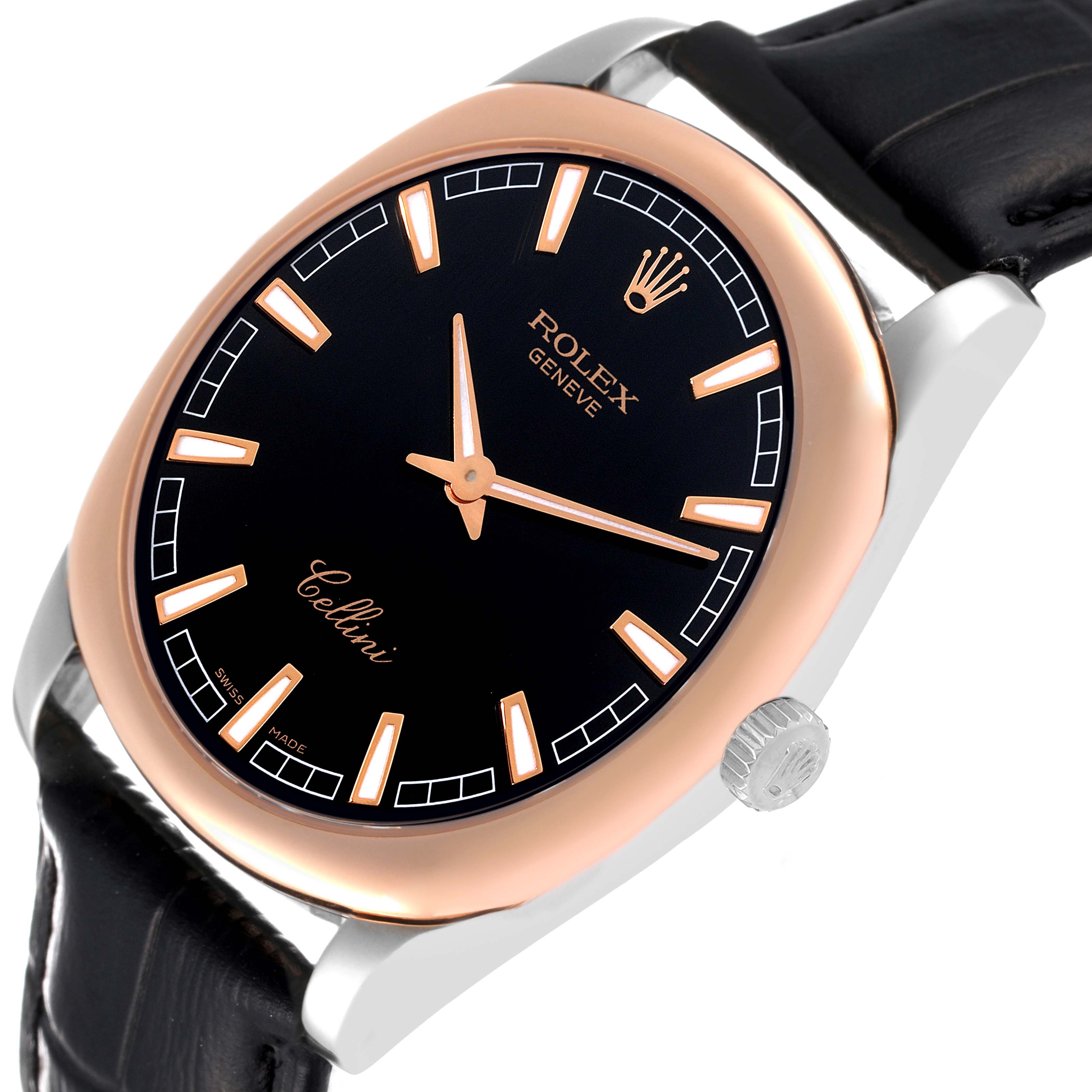 This Rolex Cellini 4243 Men's White Gold Black Dial 4243 Men's White Gold Black Dial watch is shown from a front angle, highlighting its black dial, gold accents, and black leather strap.