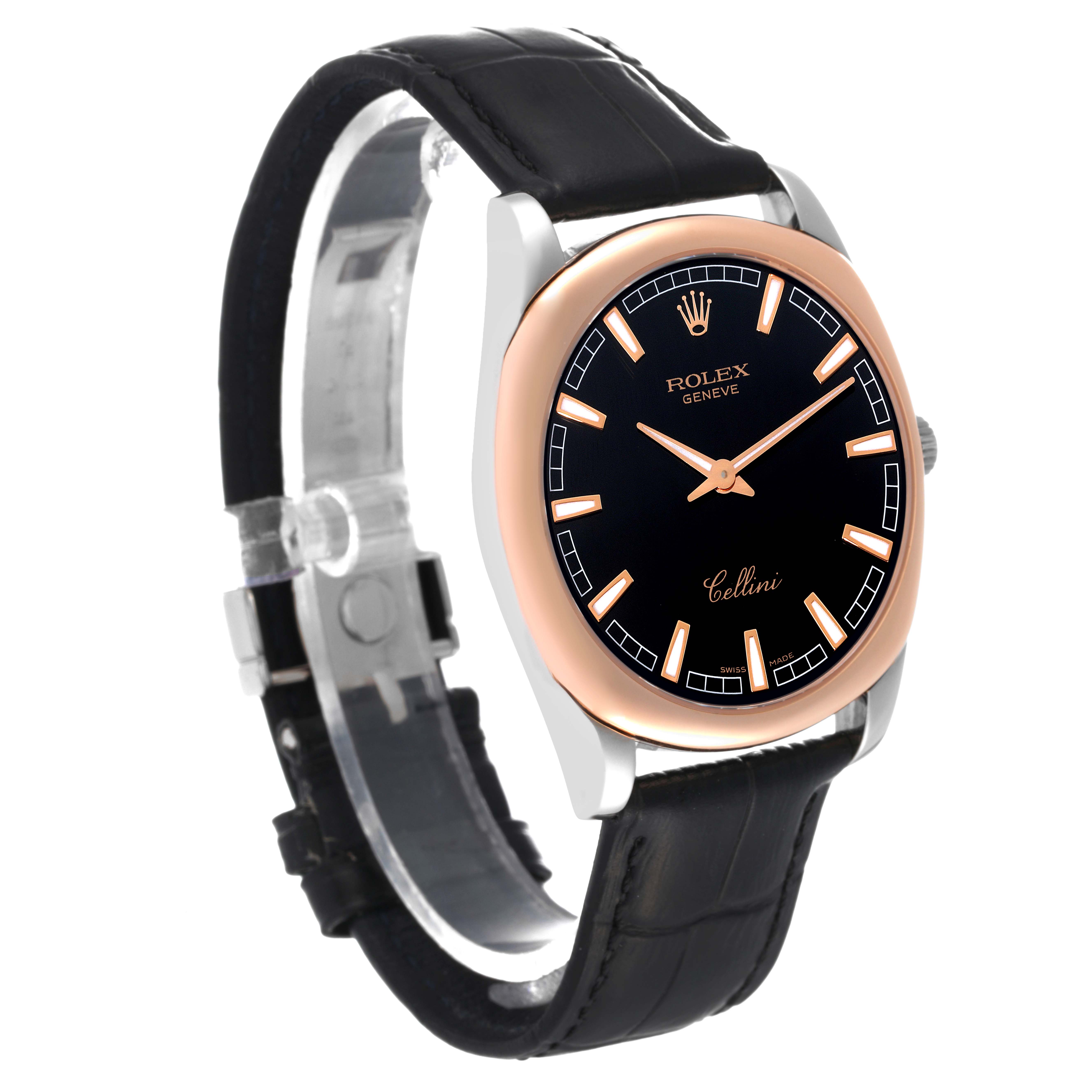 The image shows a side view of a Rolex Cellini 4243 Men's White Gold Black Dial 4243 Men's White Gold Black Dial watch, highlighting the face, hands, markers, and leather strap.