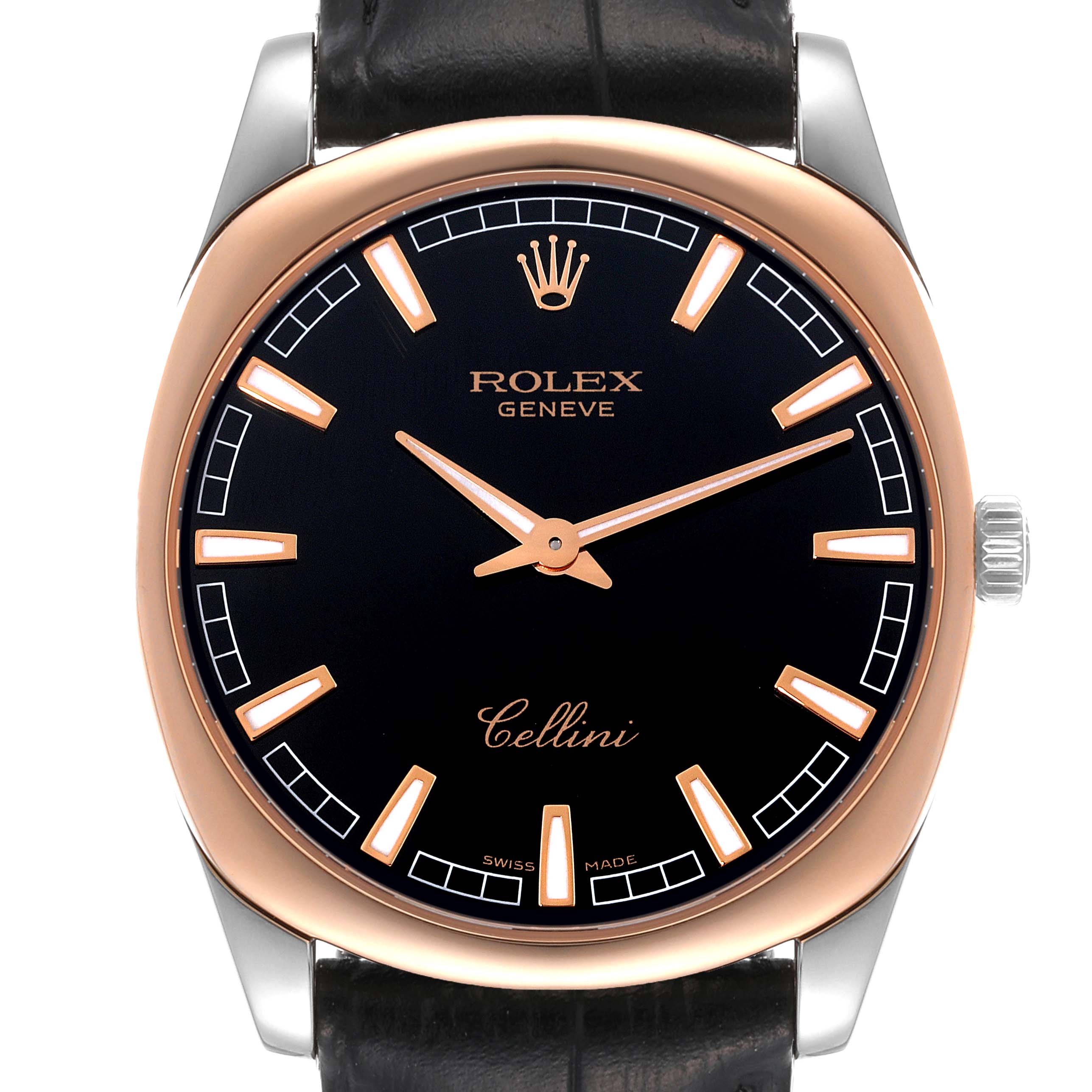 This image shows a front view of the Rolex Cellini 4243 Men's White Gold Black Dial 4243 Men's White Gold Black Dial watch, highlighting its dial, hands, crown, and part of the strap.