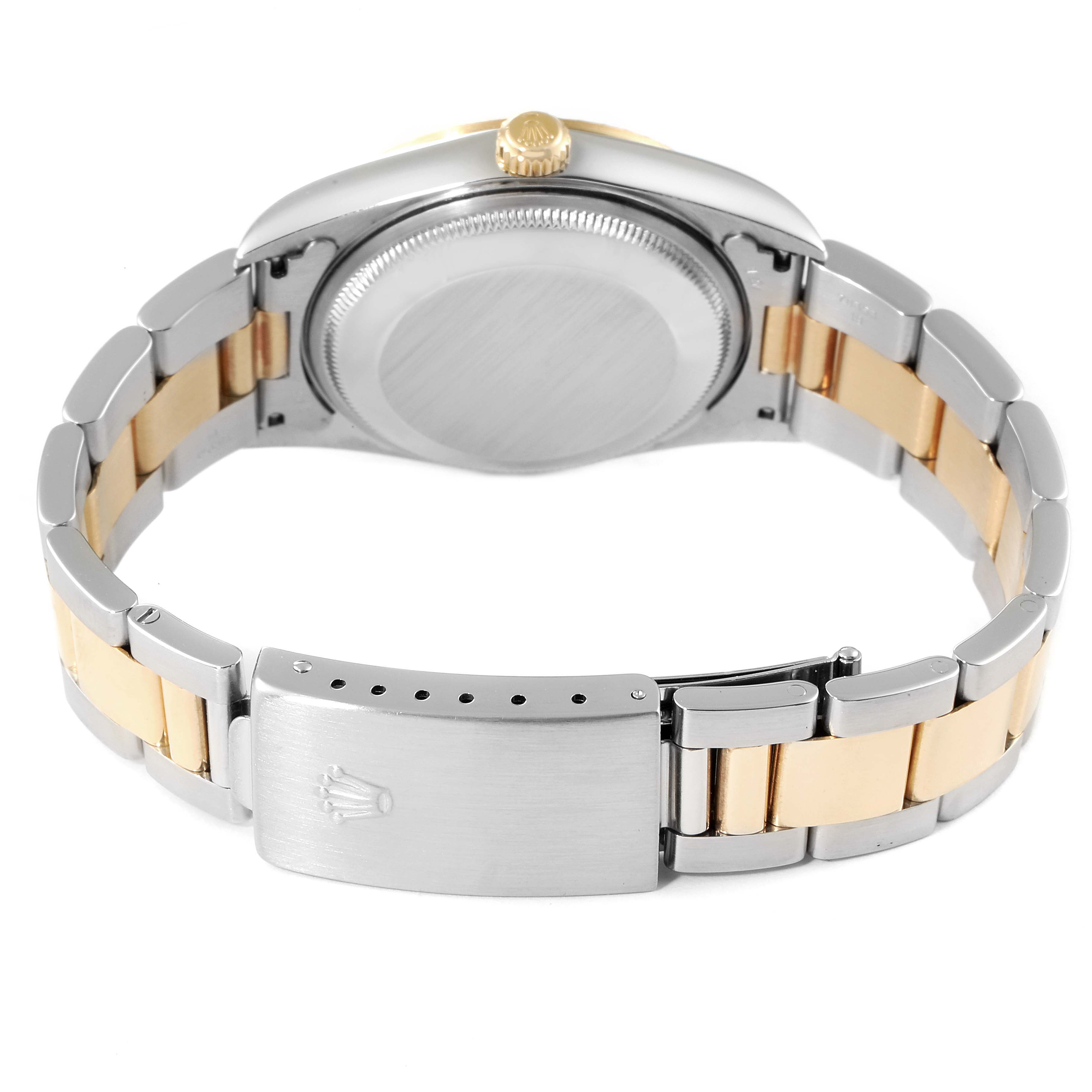 This image shows the back and clasp of a Rolex Date 15223 Men's Steel and Gold (two tone) White Dial 15223 Men's Steel and Gold (two tone) White Dial watch from a rear angle.