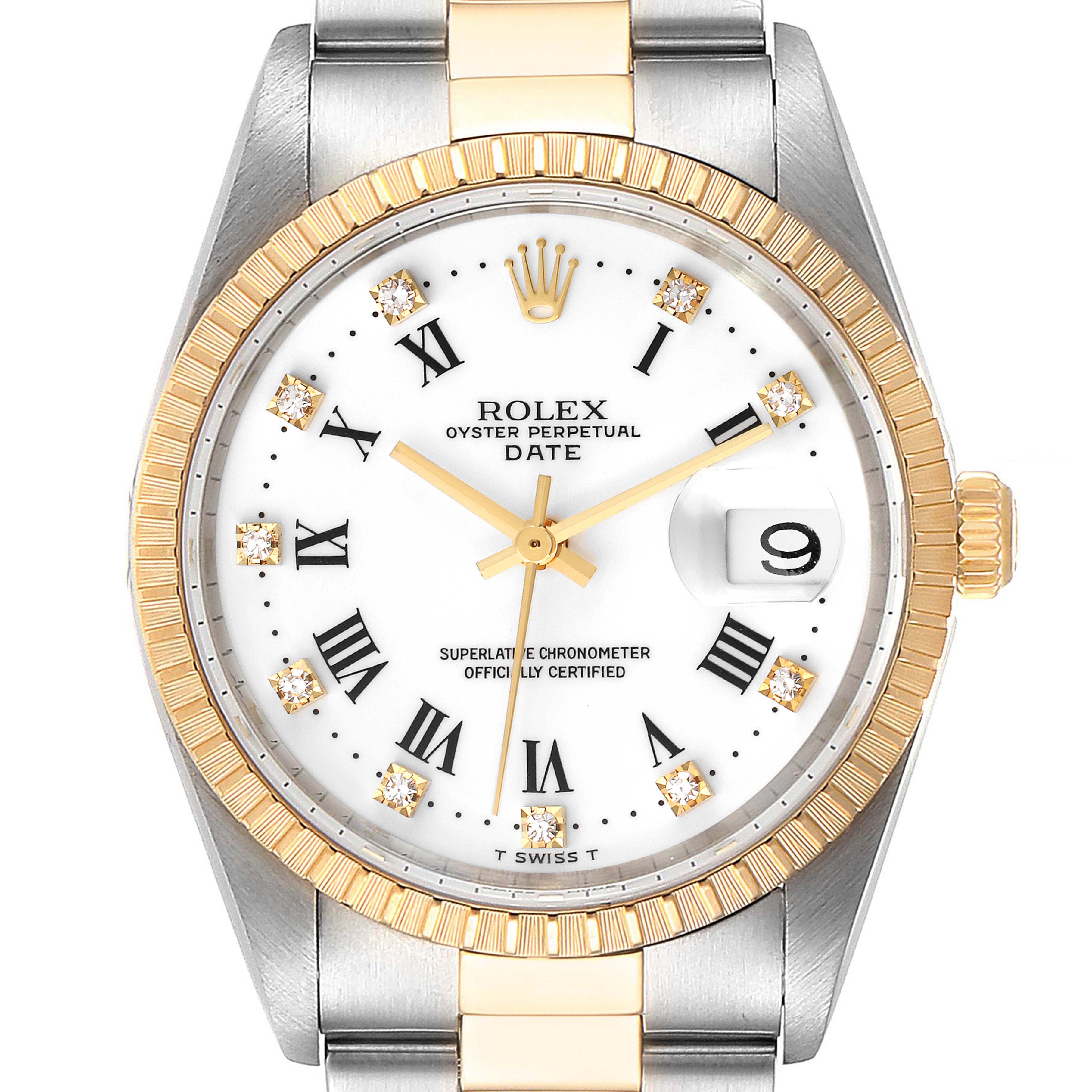 The image shows a front view of a Rolex Date 15223 Men's Steel and Gold (two tone) White Dial 15223 Men's Steel and Gold (two tone) White Dial model watch featuring a two-tone bracelet, fluted bezel, and Roman numeral dial.