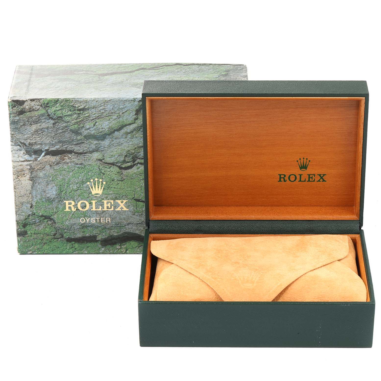 The image shows an open Rolex Date 15223 Men's Steel and Gold (two tone) White Dial 15223 Men's Steel and Gold (two tone) White Dial model watch box with a suede pouch inside.