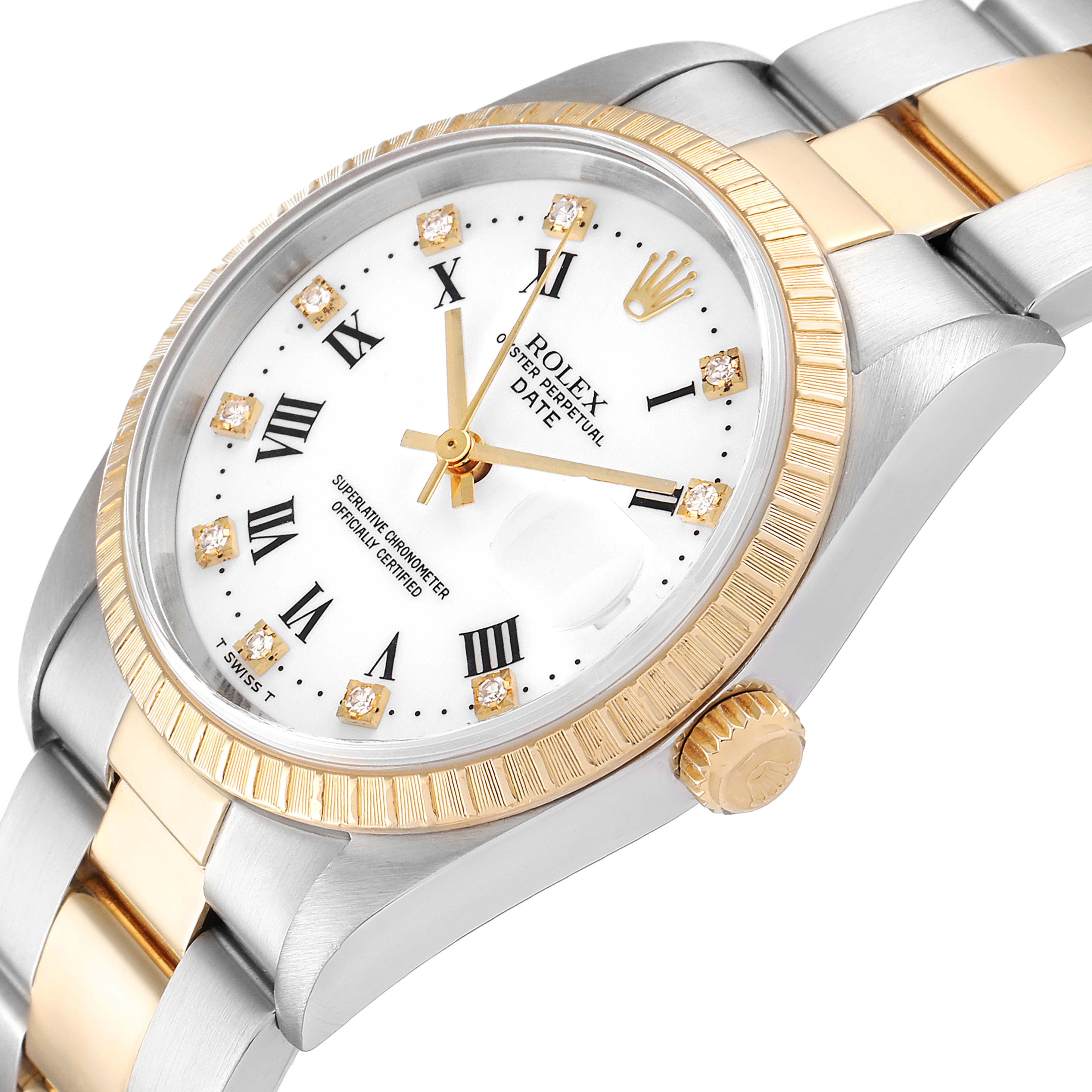 The image shows a close-up of the Rolex Date 15223 Men's Steel and Gold (two tone) White Dial 15223 Men's Steel and Gold (two tone) White Dial watch, highlighting the dial, bezel, crown, and part of the bracelet.