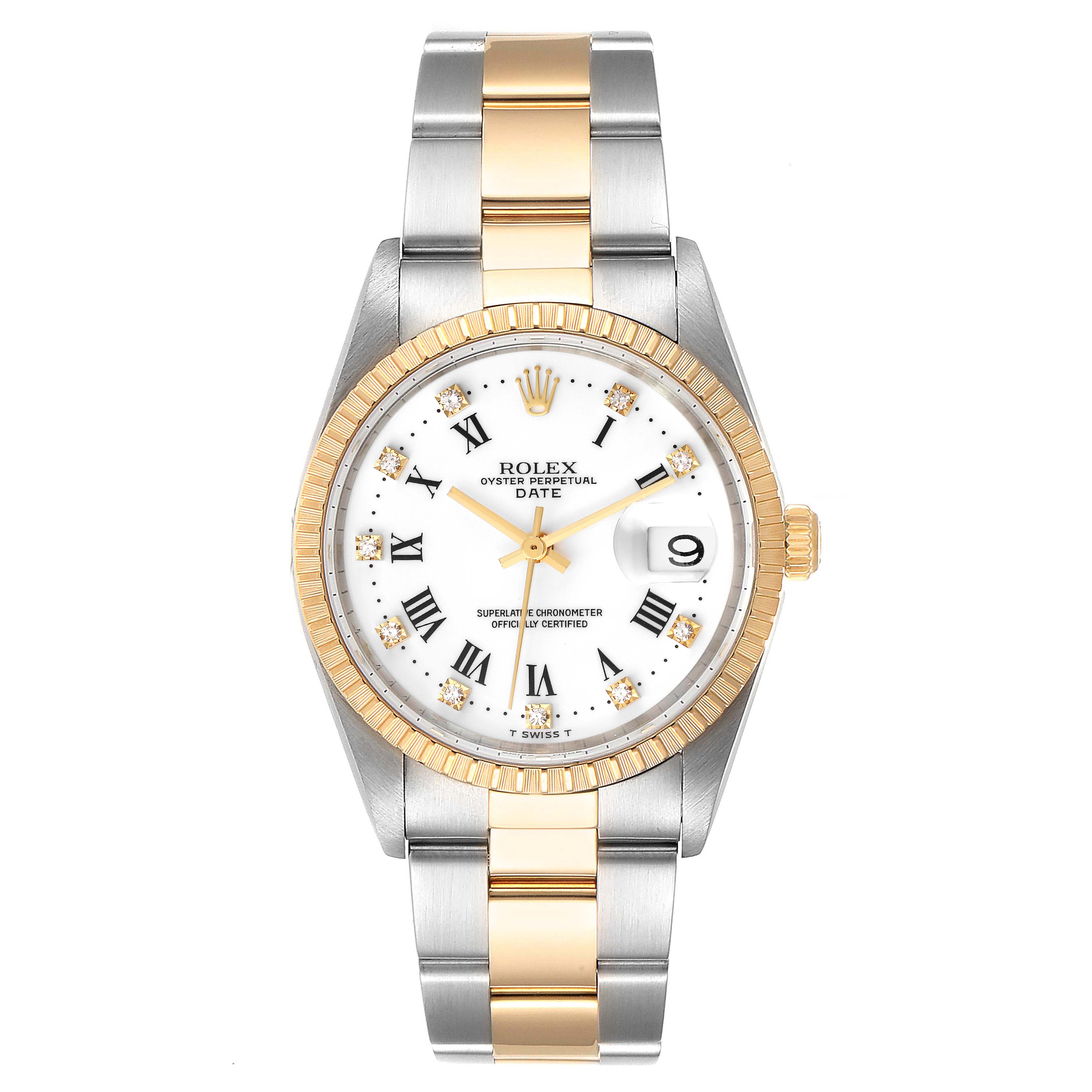 The image shows a front view of a Rolex Date 15223 Men's Steel and Gold (two tone) White Dial 15223 Men's Steel and Gold (two tone) White Dial model watch, highlighting its dial, bezel, and bracelet.