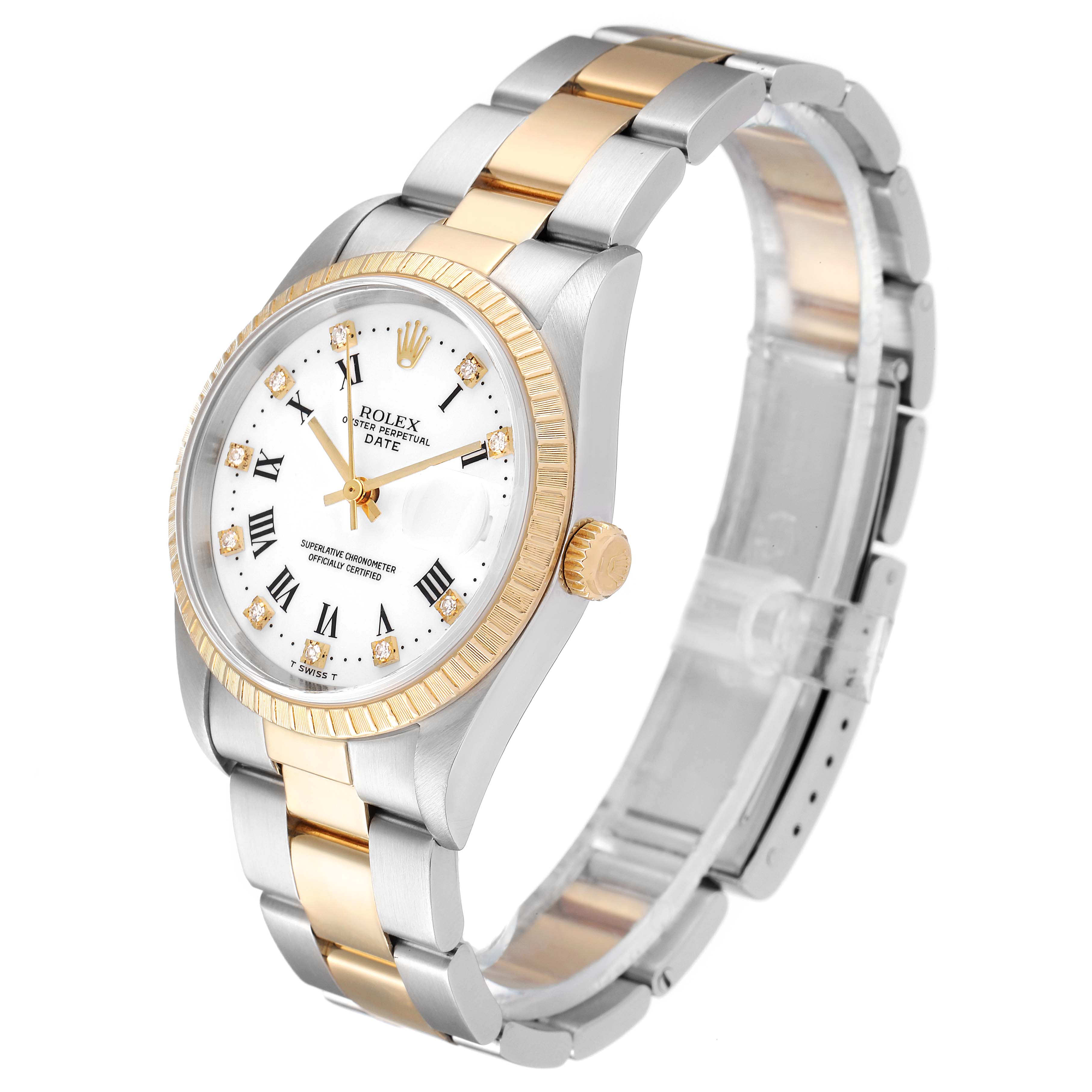 The image shows a Rolex Date 15223 Men's Steel and Gold (two tone) White Dial 15223 Men's Steel and Gold (two tone) White Dial watch at a three-quarter angle, displaying the face, bezel, crown, and bracelet.