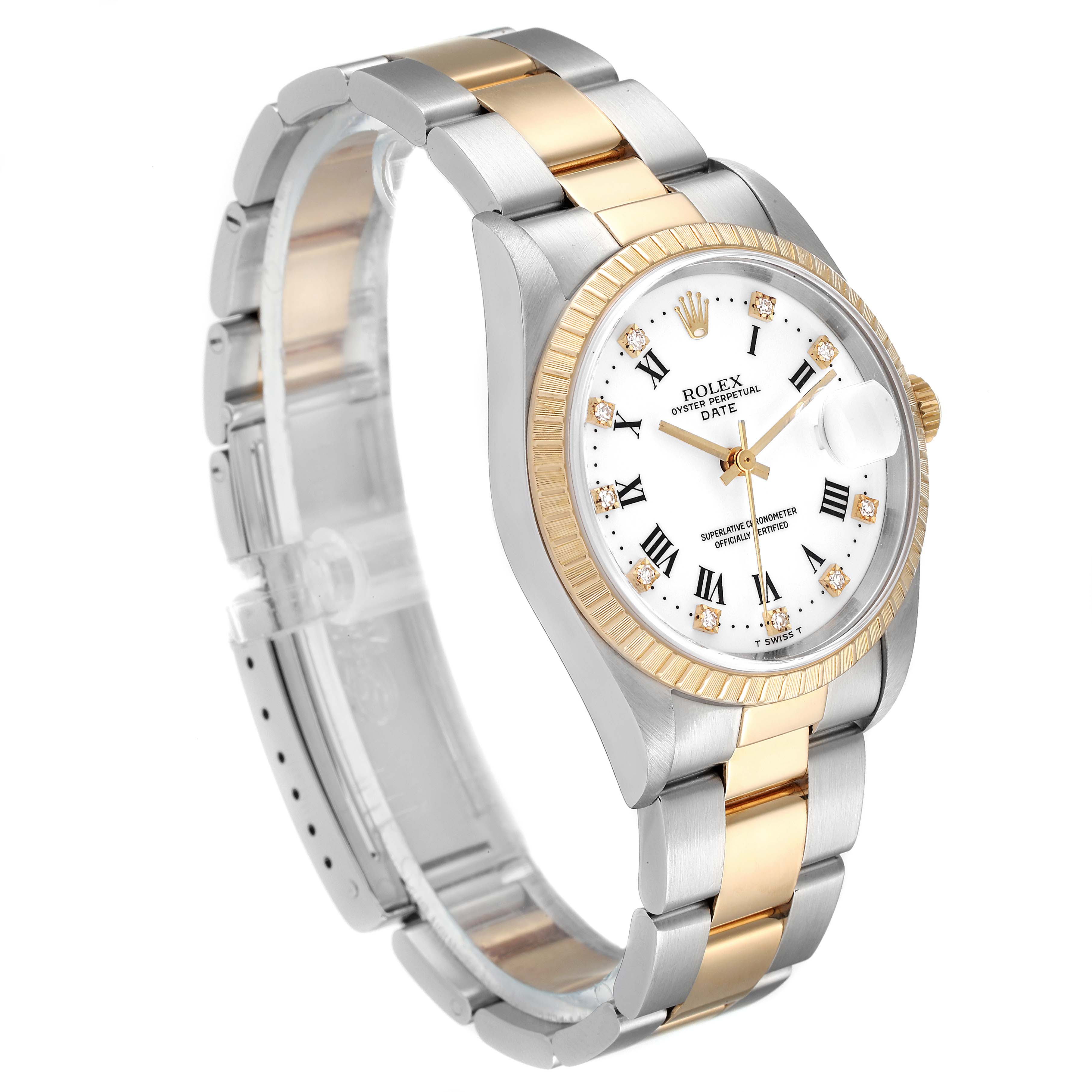 This image shows a Rolex Date 15223 Men's Steel and Gold (two tone) White Dial 15223 Men's Steel and Gold (two tone) White Dial model watch at a three-quarter angle, highlighting its two-tone bracelet, fluted bezel, and white dial with Roman numerals.