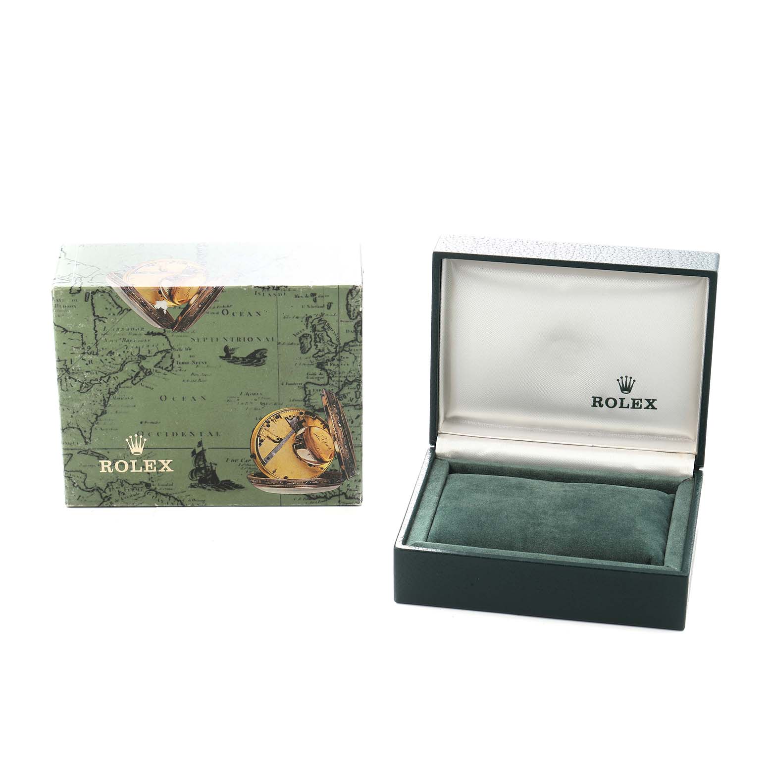 The image shows the box and open case for a Rolex Date 69190 Women
s Stainless Steel Silver Dial watch, with the box design featuring a vintage map theme.