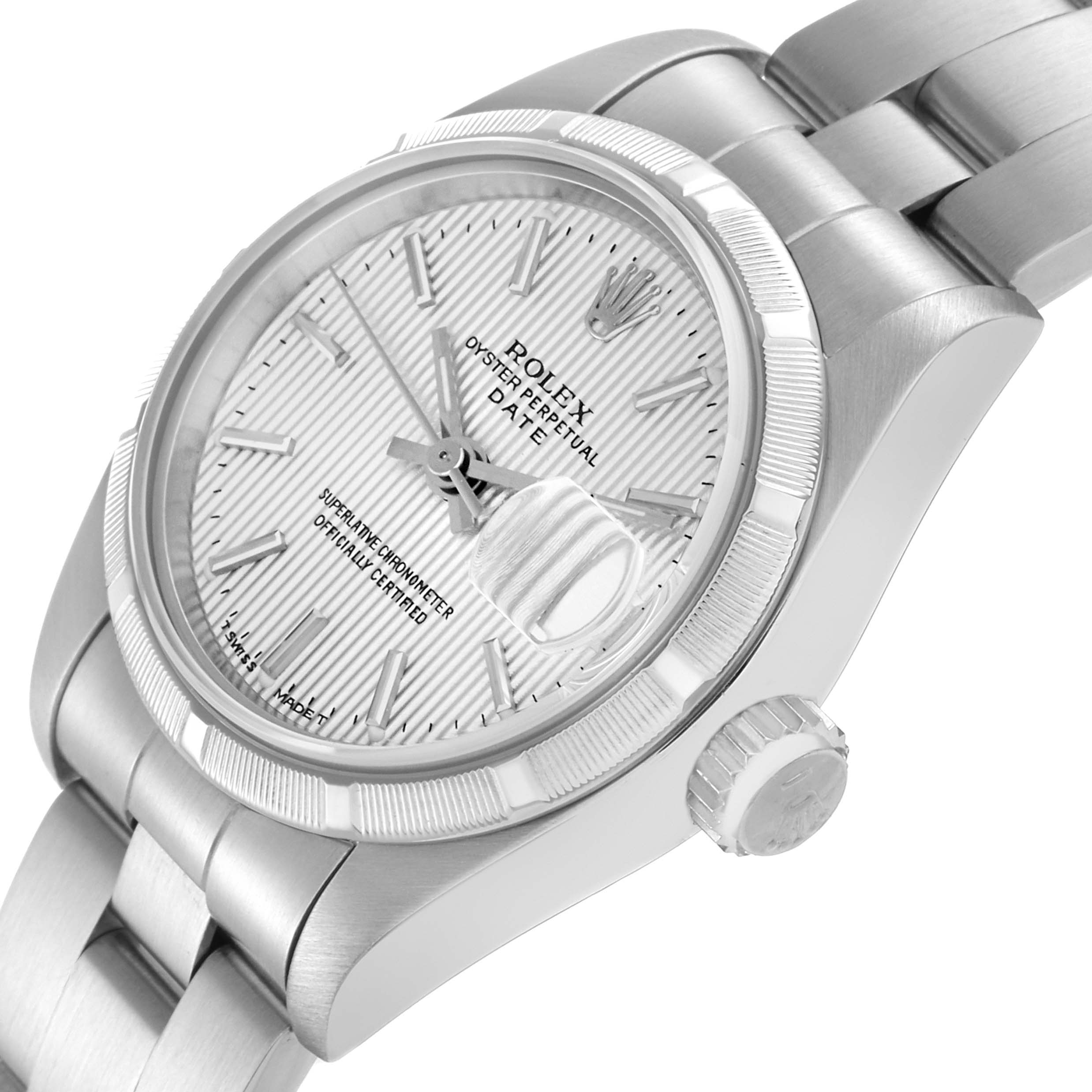 The image shows a Rolex Date 69190 Women
s Stainless Steel Silver Dial watch angled to display the face, bezel, bracelet, and crown.