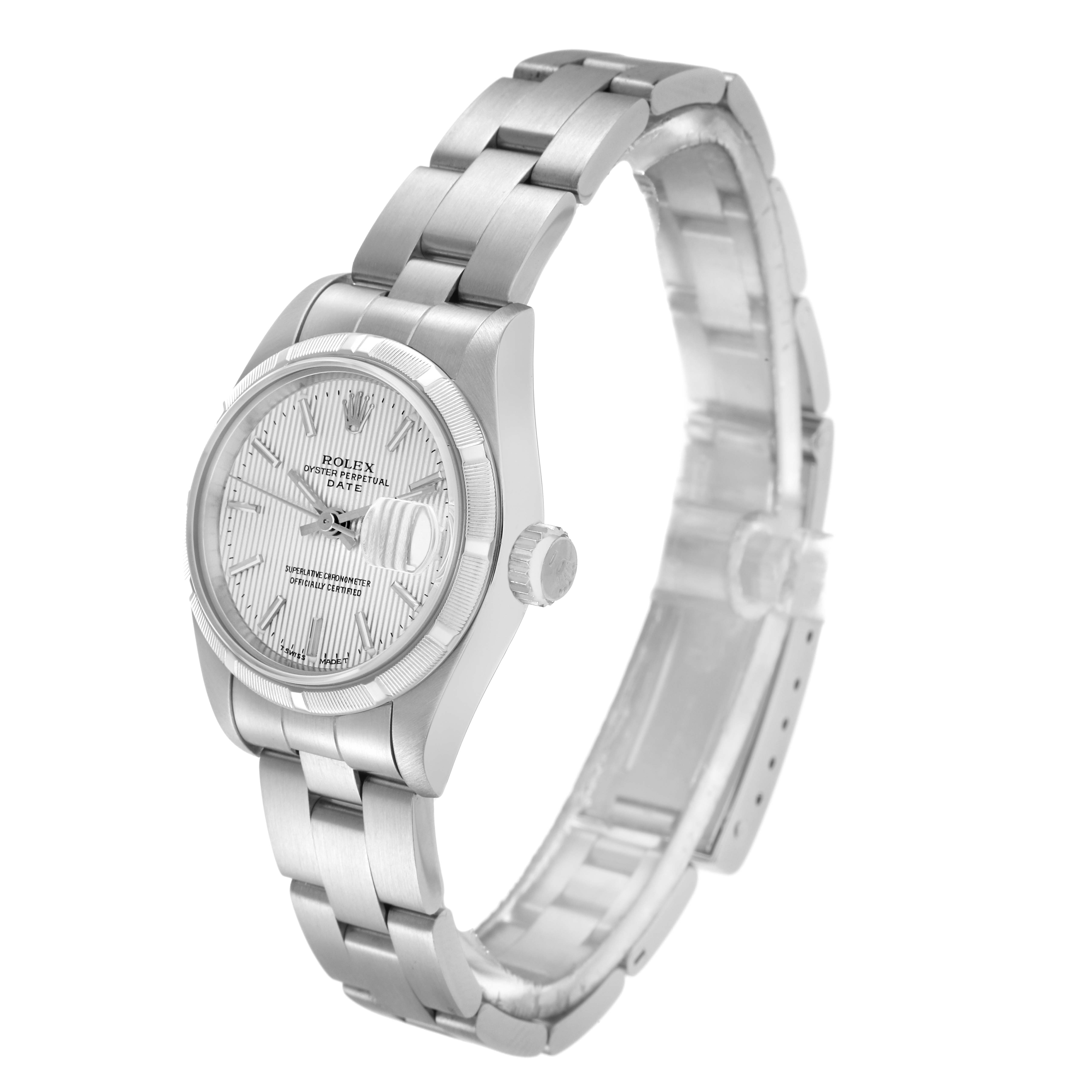 The Rolex Date 69190 Women
s Stainless Steel Silver Dial model watch is shown at an angled side view, highlighting its bracelet, dial, bezel, and crown.