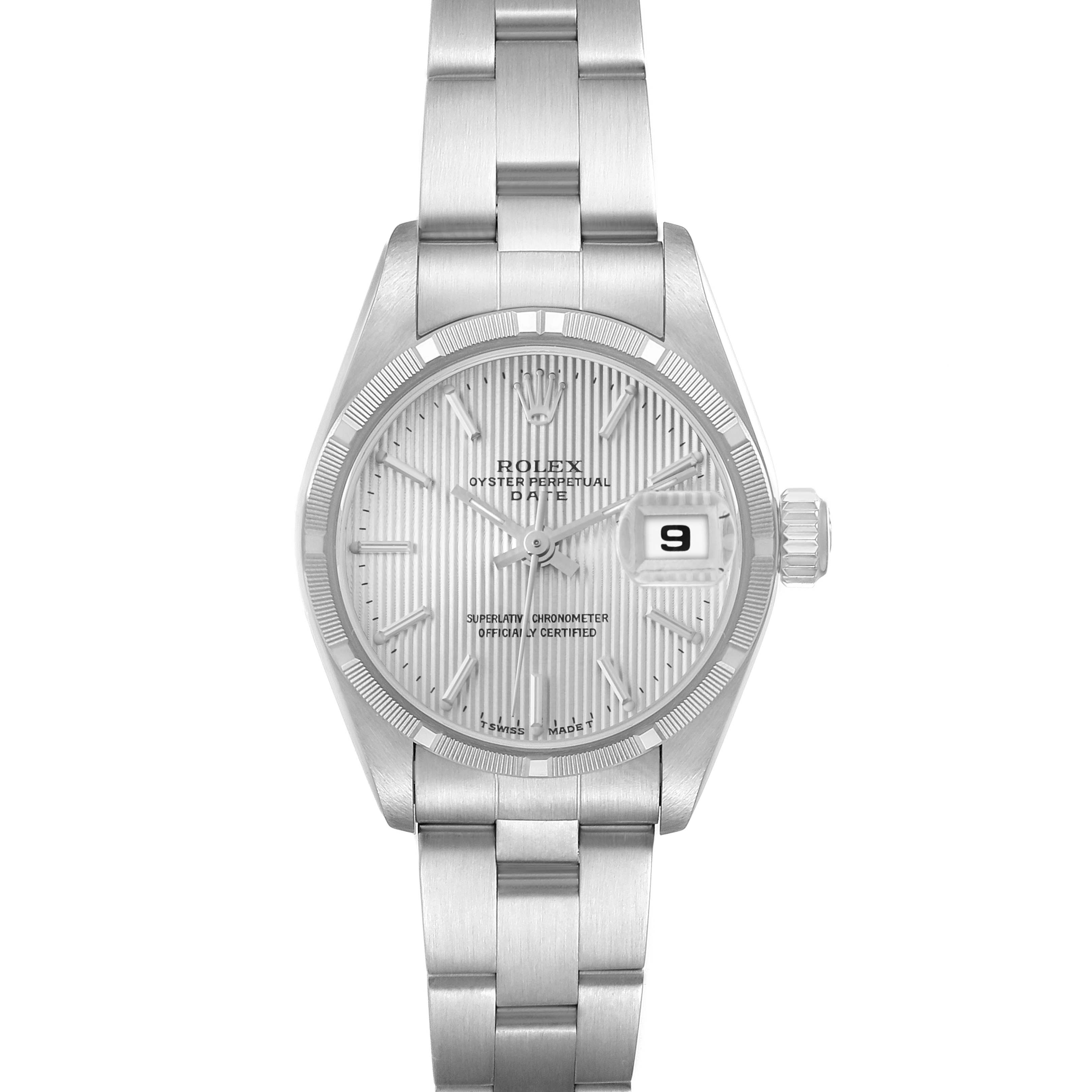 The Rolex Date 69190 Women
s Stainless Steel Silver Dial watch is shown from a front angle, displaying its face, bezel, bracelet, and crown.