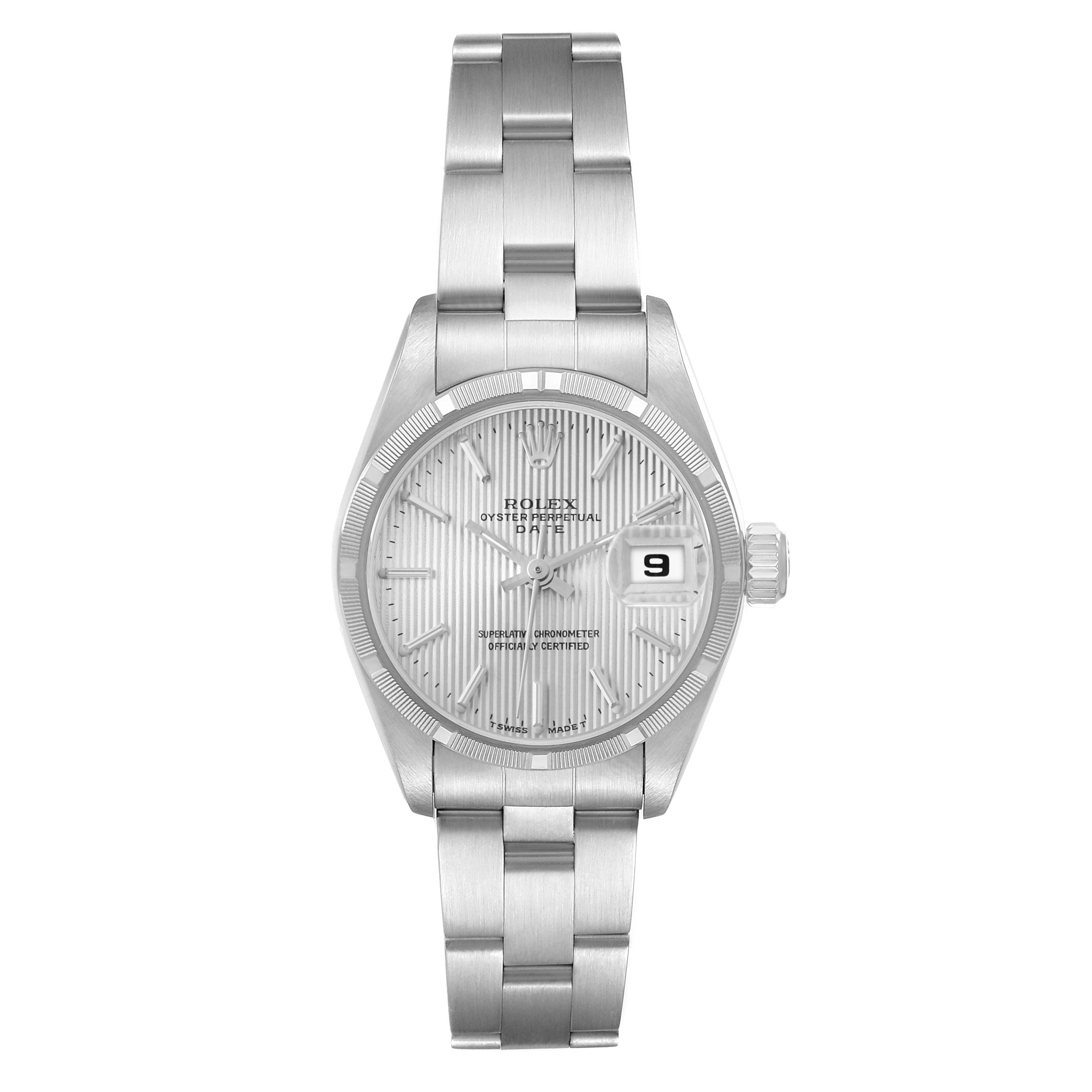 The Rolex Date 69190 Women
s Stainless Steel Silver Dial model is shown from the front, displaying the dial, bezel, case, bracelet, and crown.