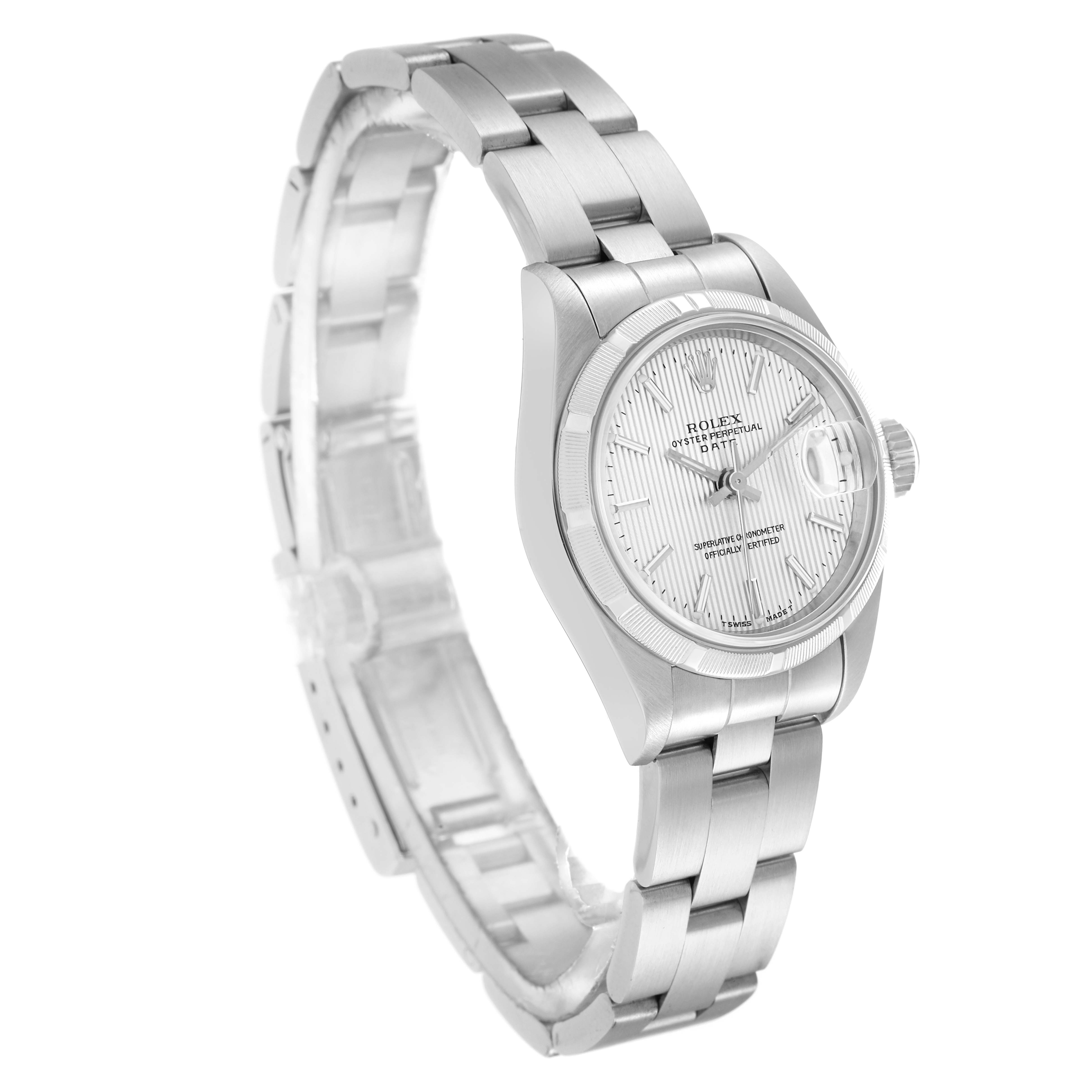 The Rolex Date 69190 Women
s Stainless Steel Silver Dial watch is displayed at a slight angle, showing the face, bezel, and part of the bracelet.