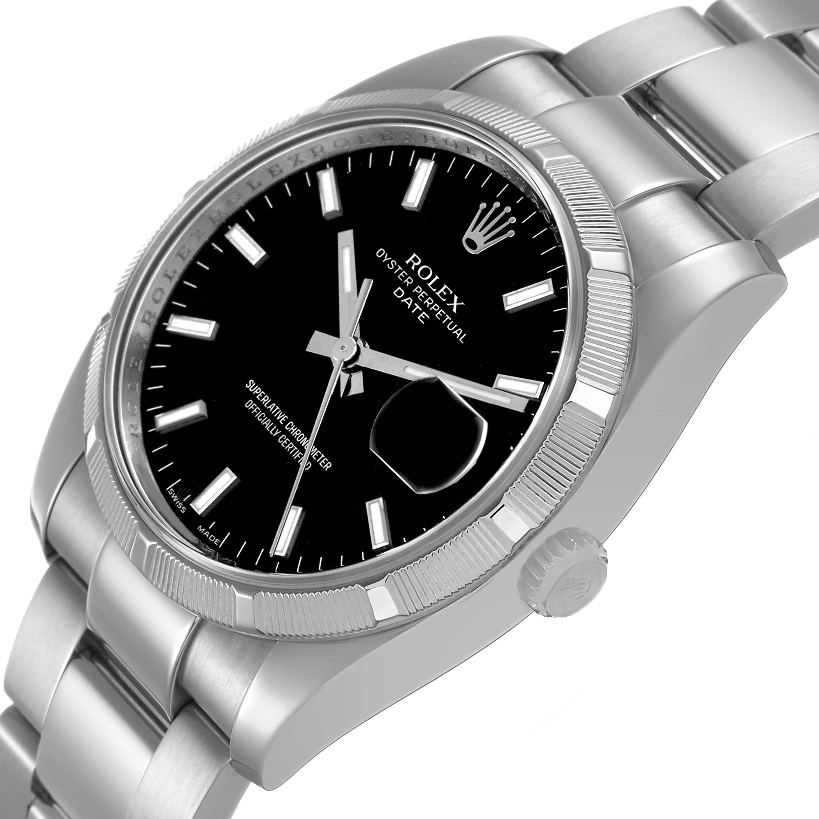 The image shows a Rolex Date 115210 Men's Stainless Steel Black Dial watch at a three-quarter angle, highlighting the dial, bezel, crown, and part of the bracelet.