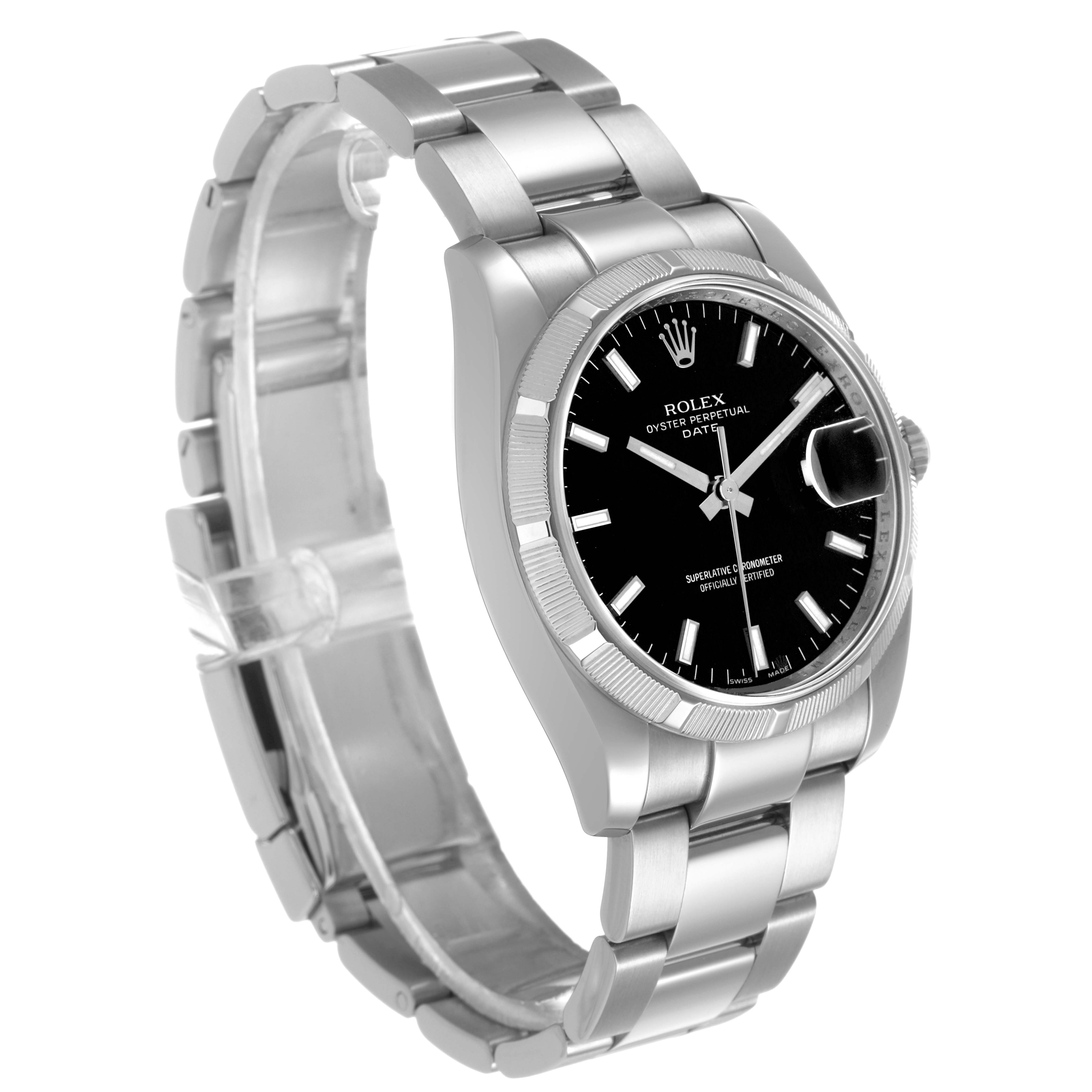 The Rolex Date 115210 Men's Stainless Steel Black Dial watch is shown at a three-quarter angle, highlighting the dial, bezel, case, and bracelet.