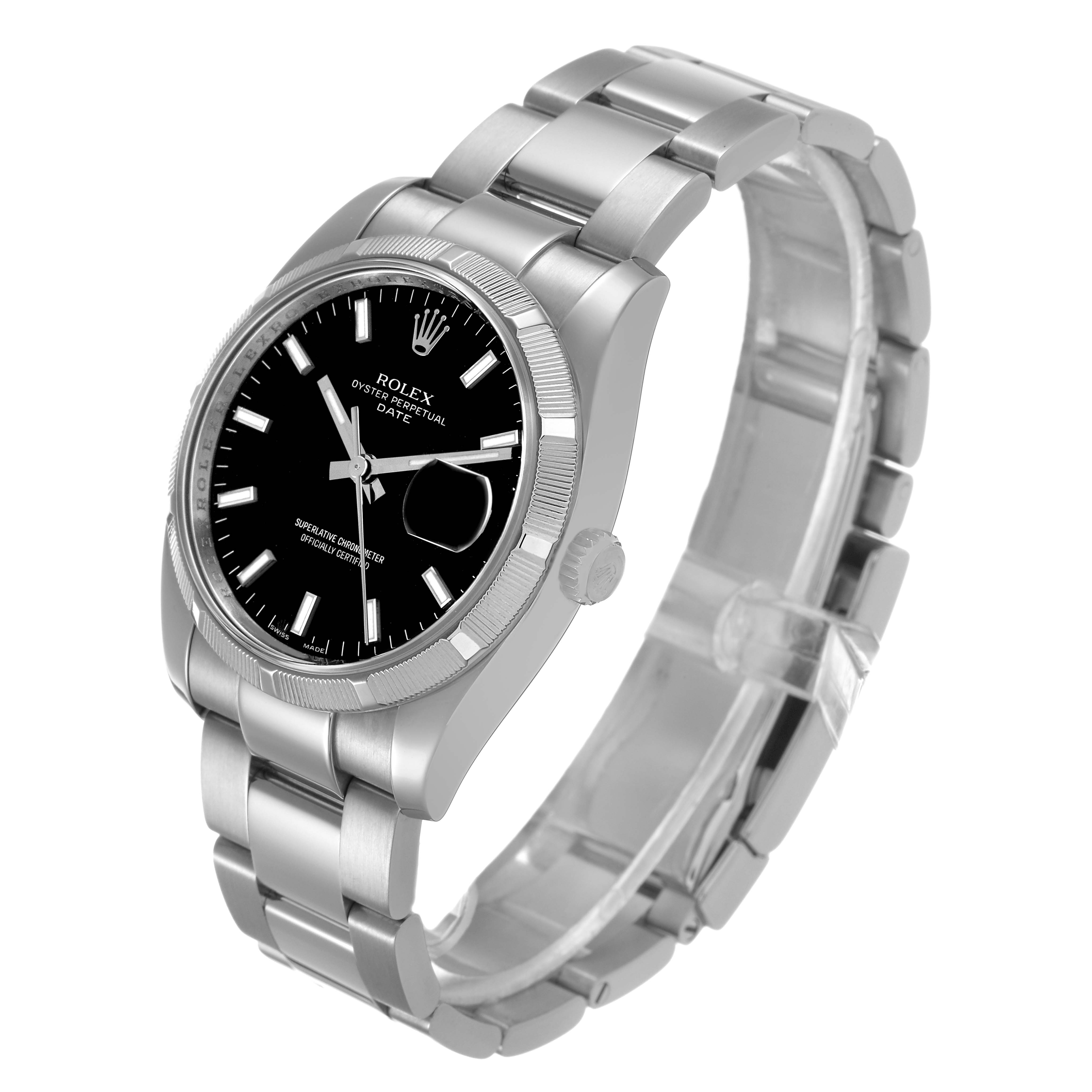 The Rolex Date 115210 Men's Stainless Steel Black Dial watch is shown in a three-quarter view, highlighting the dial, bezel, crown, and bracelet.