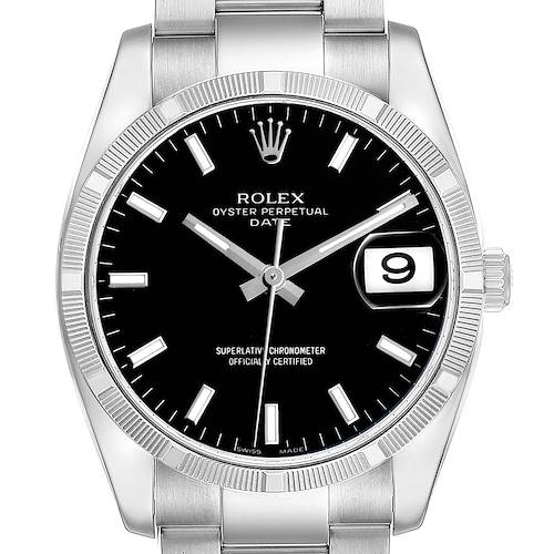 The image shows a frontal view of the Rolex Date 115210 Men's Stainless Steel Black Dial model, displaying the dial, hands, date window, bezel, and bracelet.