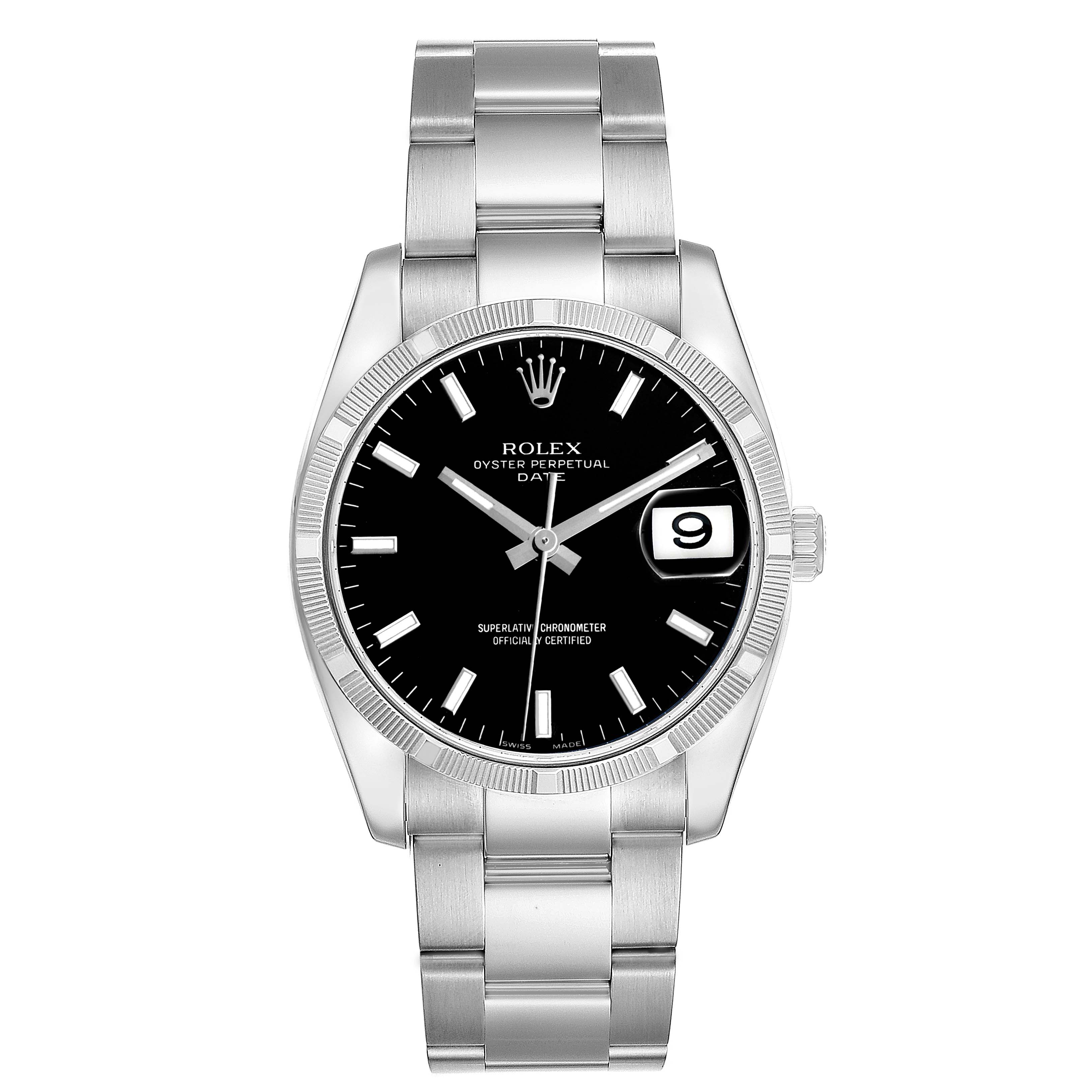 The Rolex Date 115210 Men's Stainless Steel Black Dial model is shown from the front, displaying its dial, bezel, case, and bracelet in full view.