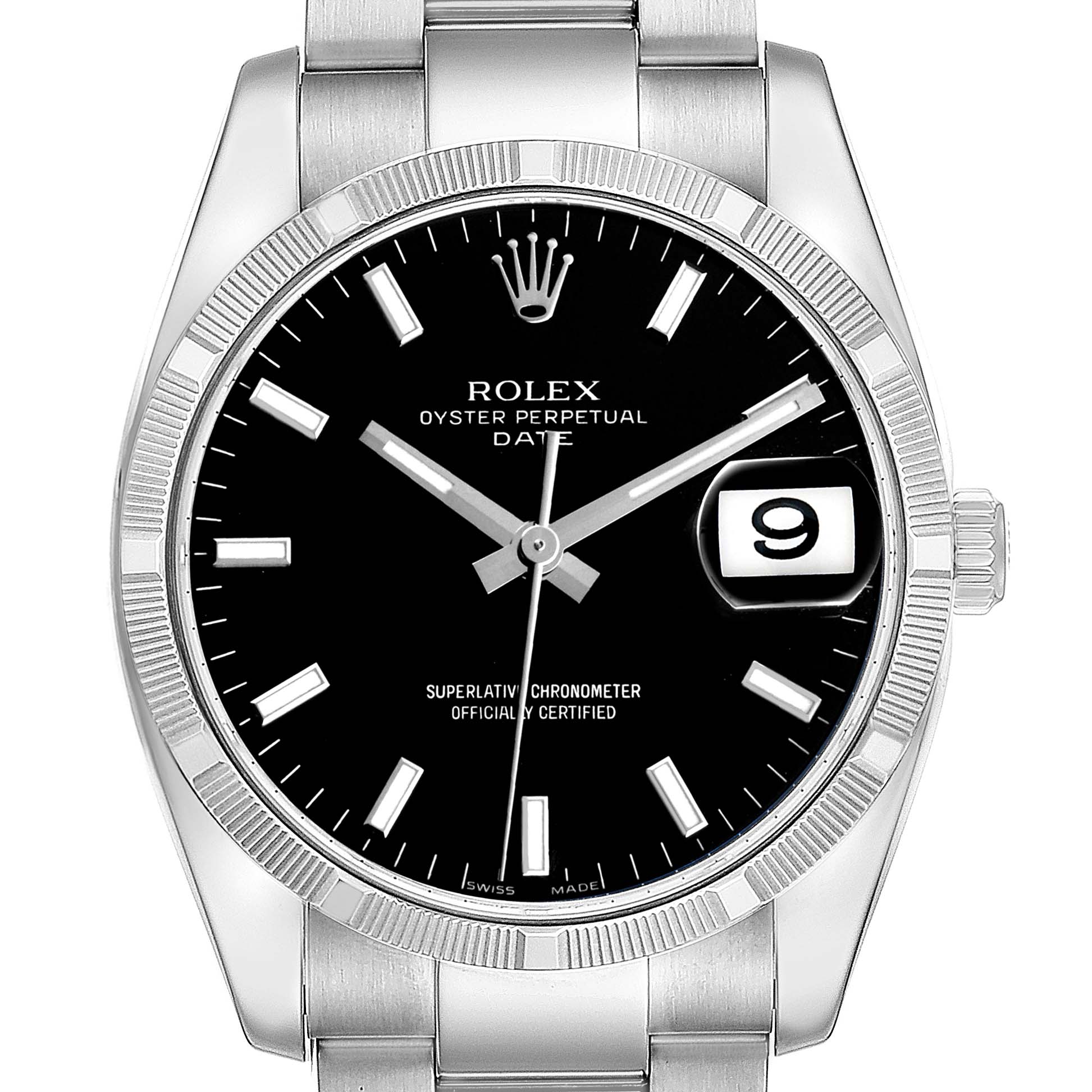 The Rolex Date 115210 Men's Stainless Steel Black Dial model is shown from a front angle, highlighting the black dial, markers, and date window.